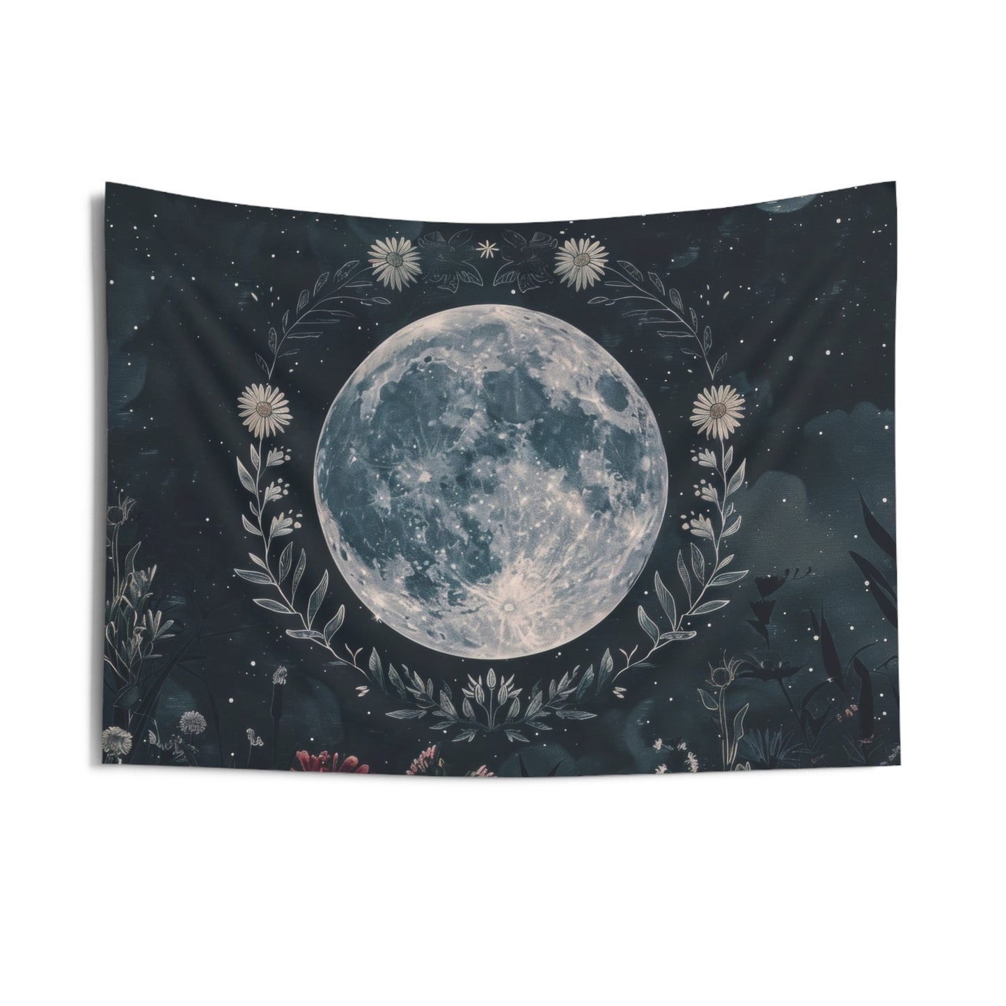 Full Moon & Wildflower Indoor Wall Tapestry, Dark Cottagecore Design, Lunar Lover Gift, Enchanting Decor
