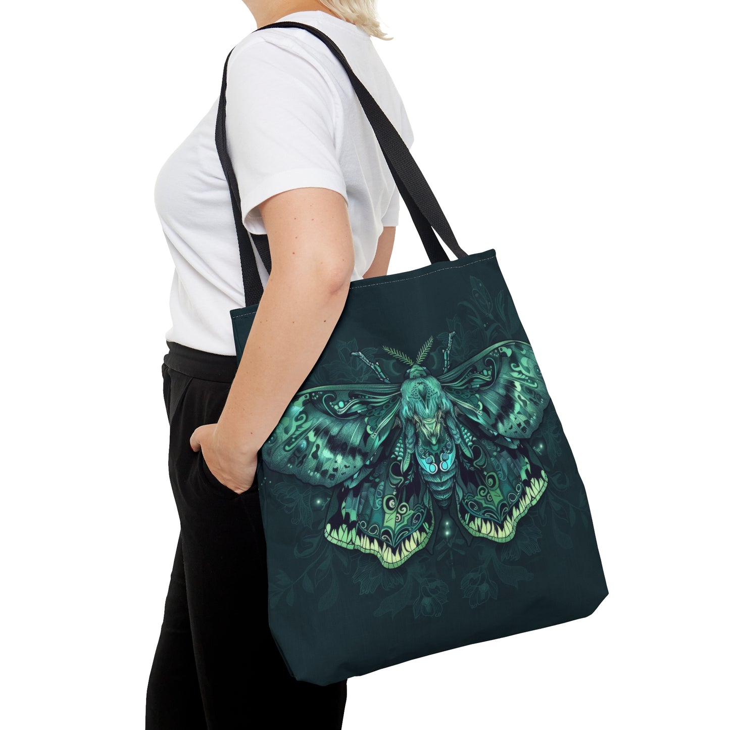 Lunar Moth Polyester Tote Bag (Double Sided), Emerald Inspired Design, Green Neon Style Fashion, 3 Sizes, Black Handles