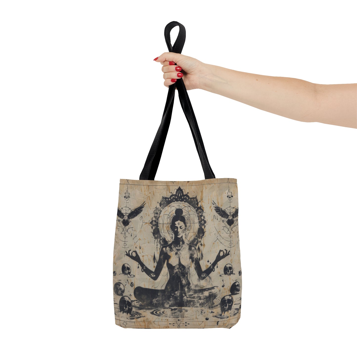 Death Goddess Polyester Tote Bag (Double Sided), Zen Nature Aesthetic, Sacred Geometry Style Fashion, 3 Sizes, Black Handles