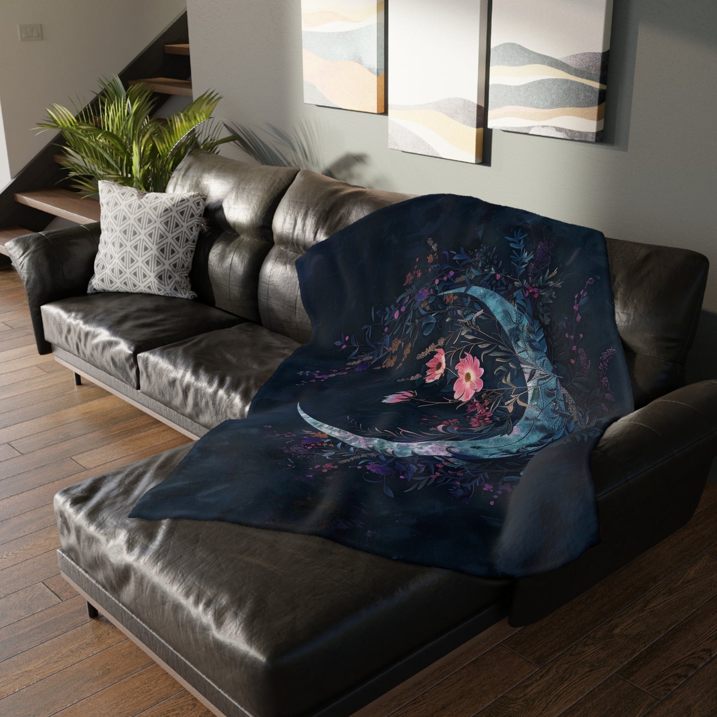 Crescent Moon & Wildflowers 2-Sided Throw Blanket, Witchy Occult Design, Moon Lover Gift, Enchanting Aesthetic Bedroom and Living Room Decor