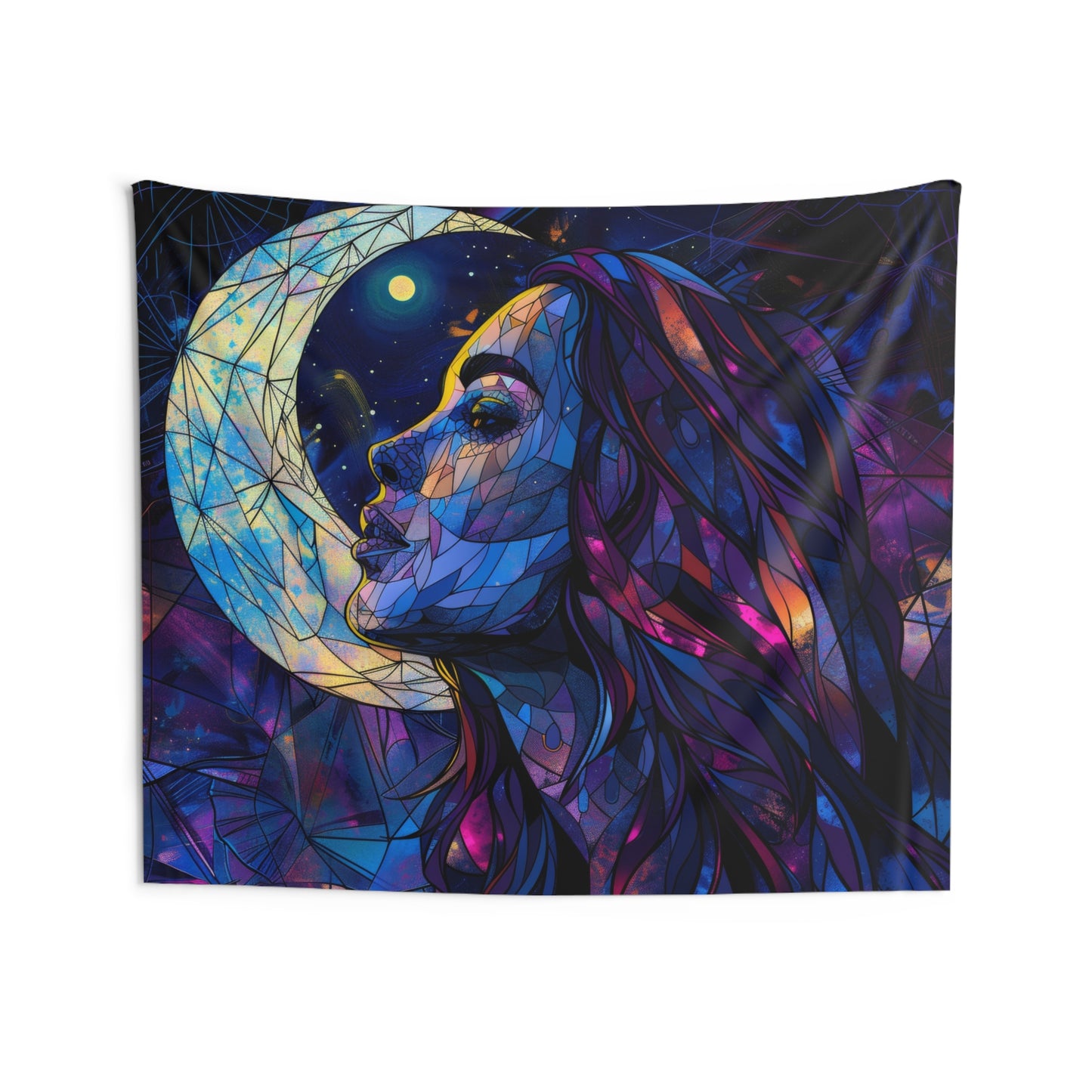Starry-Eyed Lunar Goddess Stained Glass Wall Tapestry, Celestial Charm Decor, Enigmatic Beauty for Contemplative & Mystical Spaces
