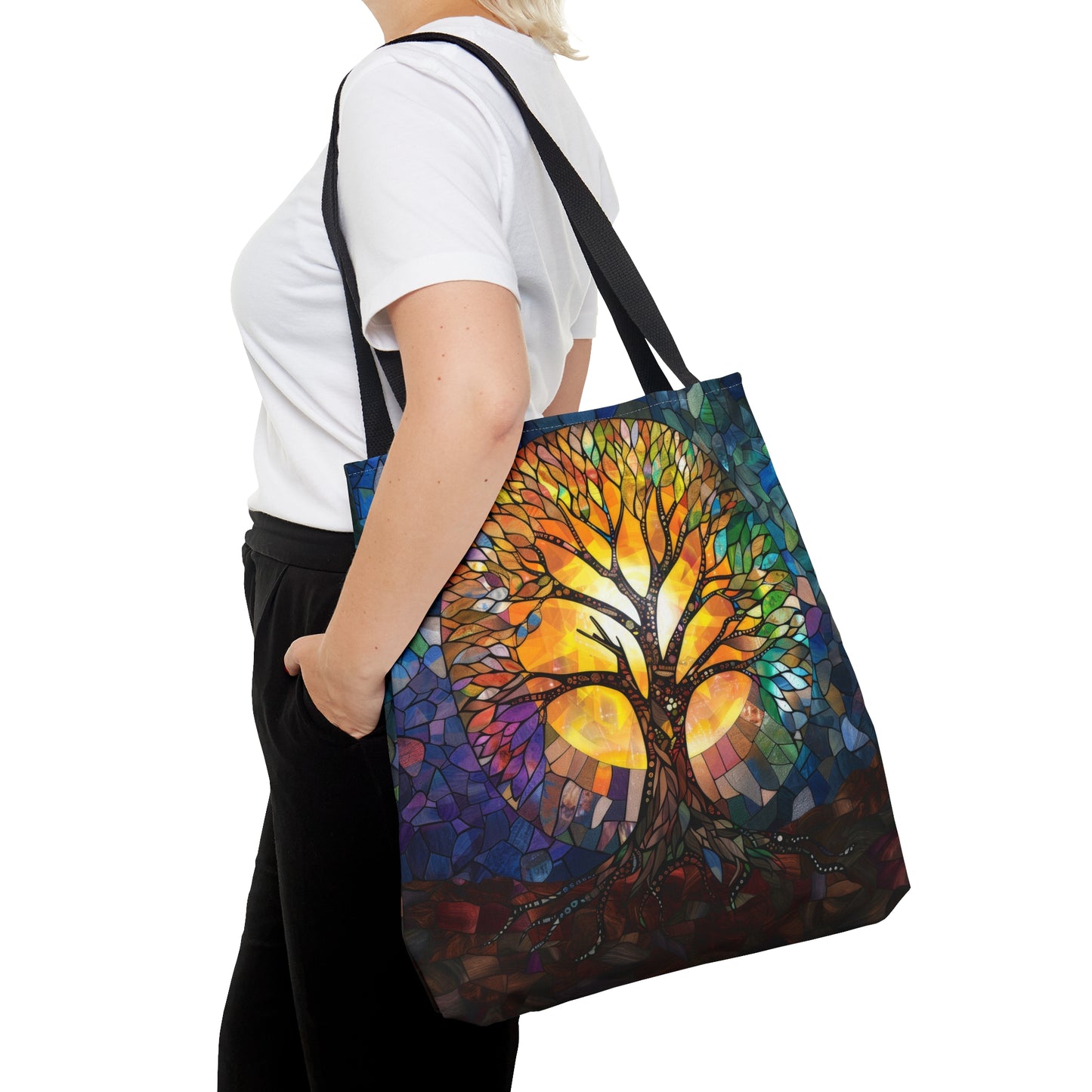 Tree of Life Stained Glass Art Tote Bag with Black Handles, Enchanting Nature Design, Multipurpose Bag for Everyday Elegance & Shopping