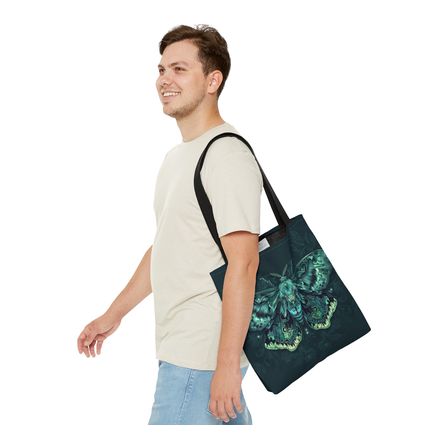 Lunar Moth Polyester Tote Bag (Double Sided), Emerald Inspired Design, Green Neon Style Fashion, 3 Sizes, Black Handles