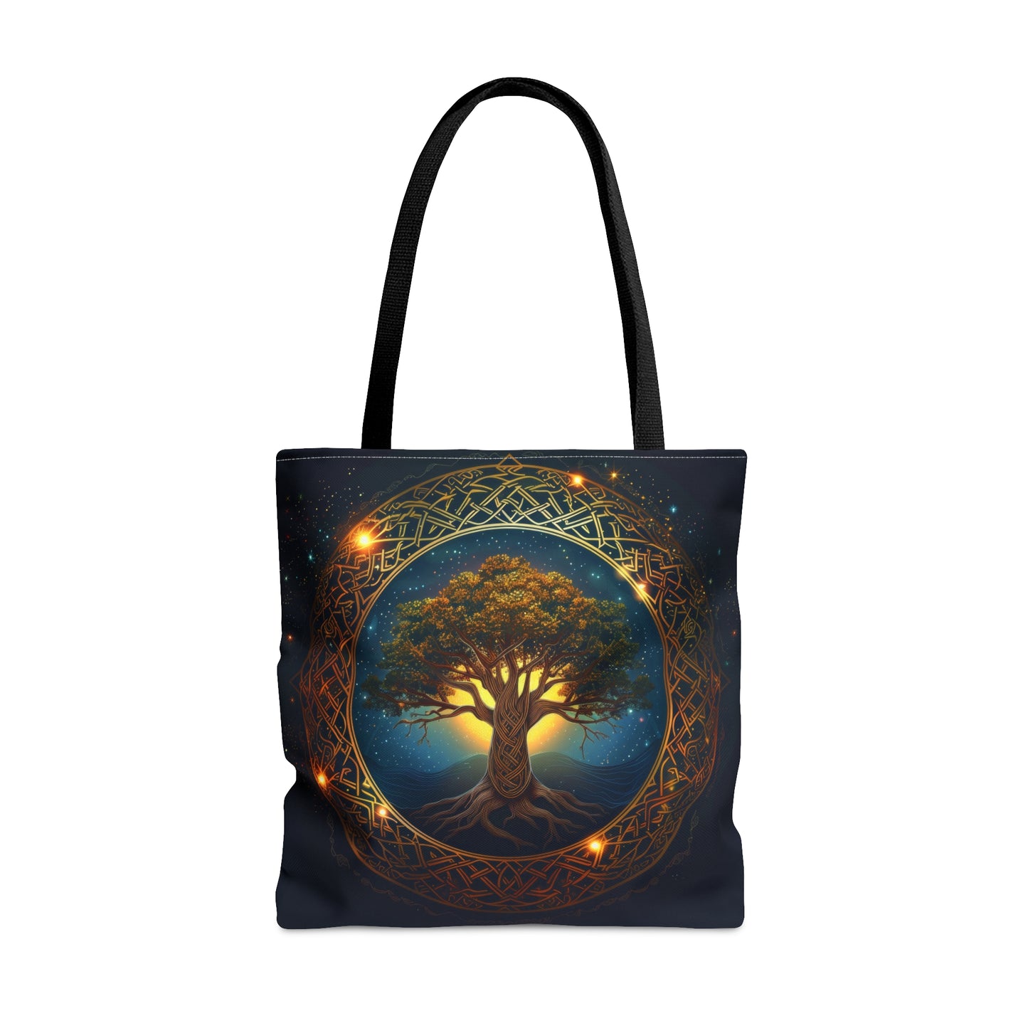 Celtic Tree of Life Mandala Double Sided Tote Bag, Ancient Occult Aesthetic, Folk Nature Fashion Style, 3 Sizes, Black Handles