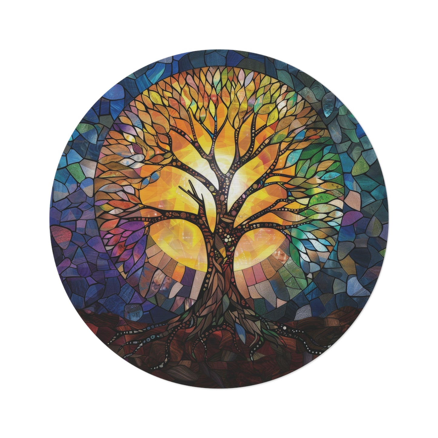 Radiant Tree of Life Stained Glass Design Chenille Round Rug, Enchanting Home Decor, Meditation & Living Space, Nature-Inspired Harmony