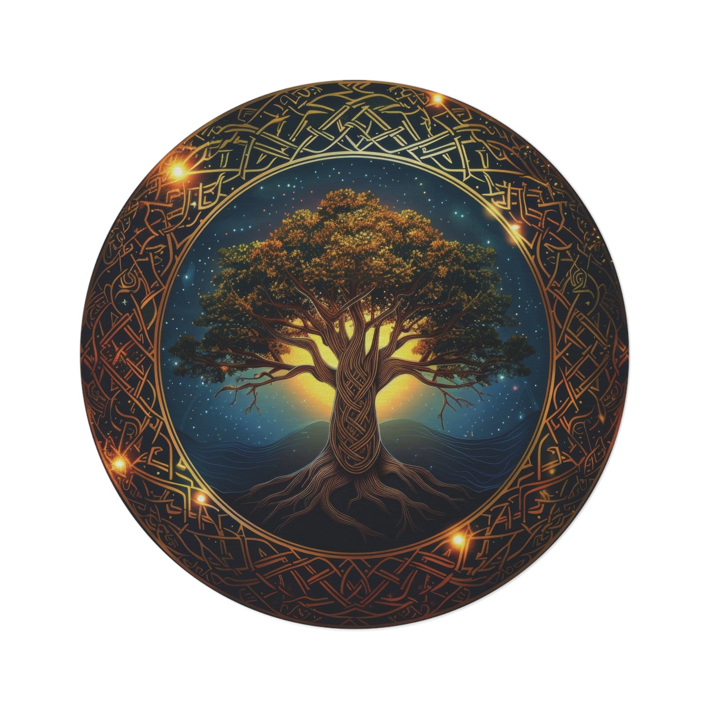 Celtic Tree of Life Mandala Round Chenille Area Rug, Ancient Occult Aesthetic, Folk Nature Style Living, Dorm & Bed Room Decor