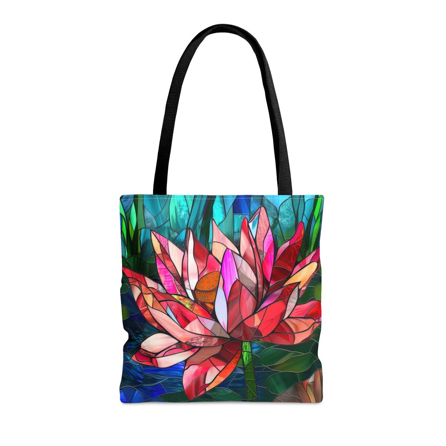 Stained Glass Lotus Elegance Tote Bag with Black Handles, Vibrant Floral Carryall, Chic Accessory for Stylish Outings & Market Visits