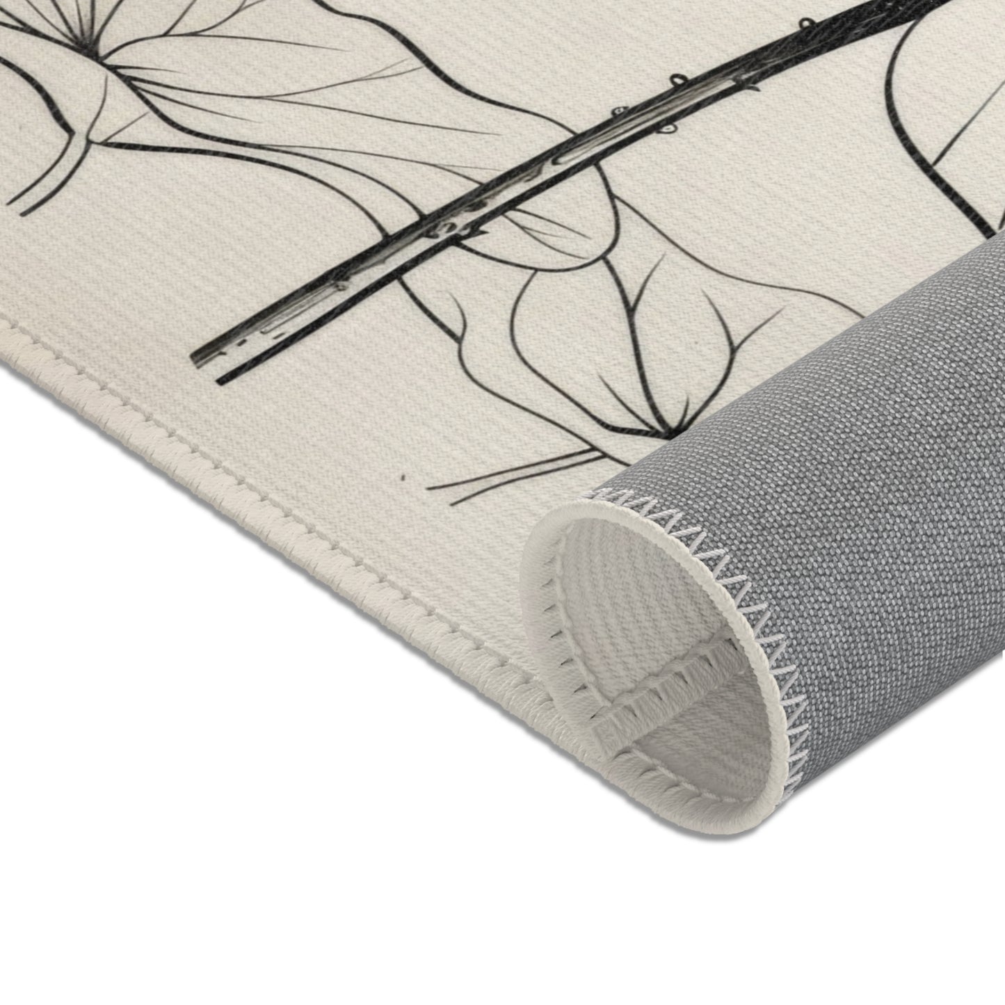 Lotus Flower Line Art Chenille Area Rug, Elegant Botanical Illustration, Peaceful Zen Decor for Yoga Space, Bedroom, or Living Area