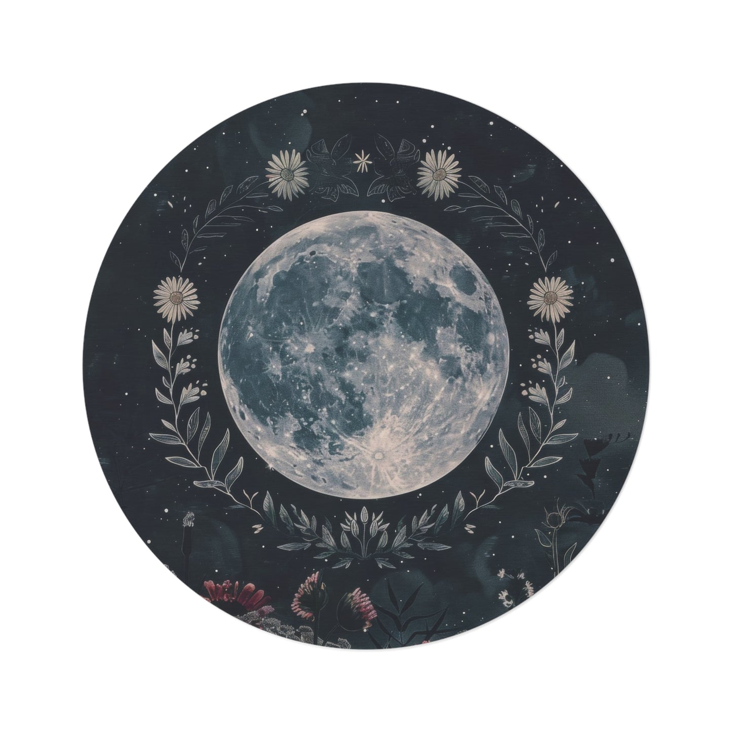 Full Moon & Wildflower Mandala Chenille Rug – Occult-Inspired Decor for Living Room, Bedroom, and Meditation Spaces