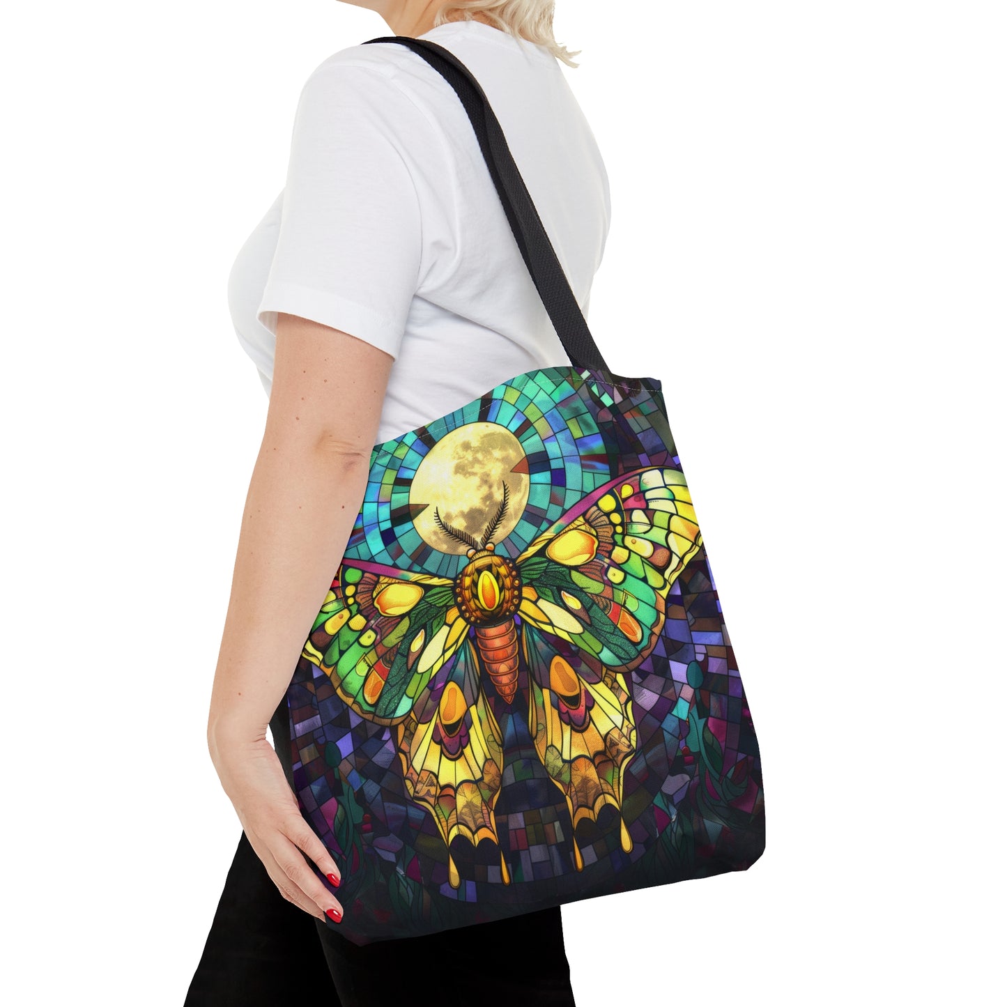 Mystic Moth & Moonlight Stained Glass Tote Bag, Enchanted Insect Design, Vibrant Accessory with Black Handles for Unique Style Statements