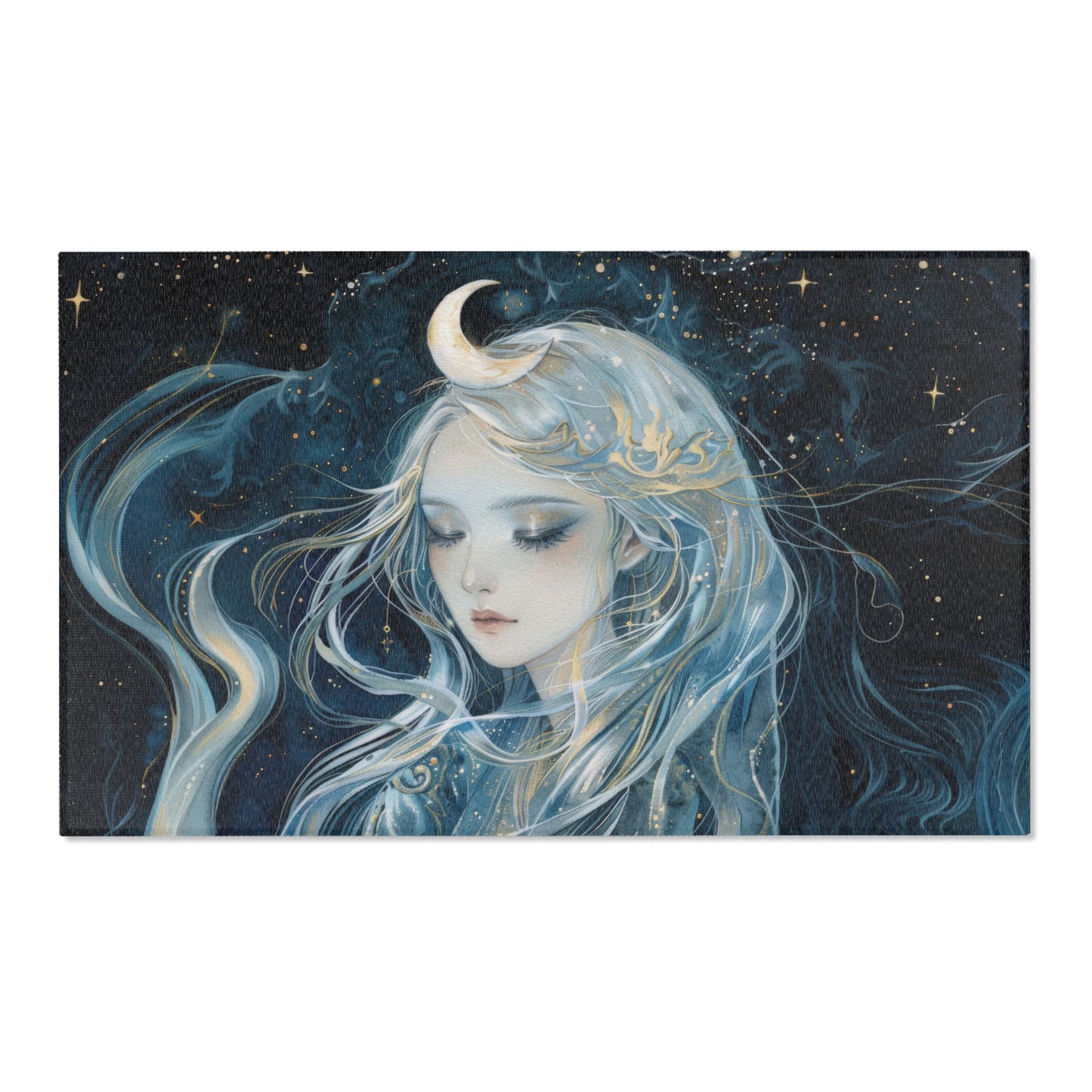 Selene's Moonlit Reverie Chenille Area Rug, Goddess of the Moon Visage, Celestial Elegance, Starry Night Floor Art