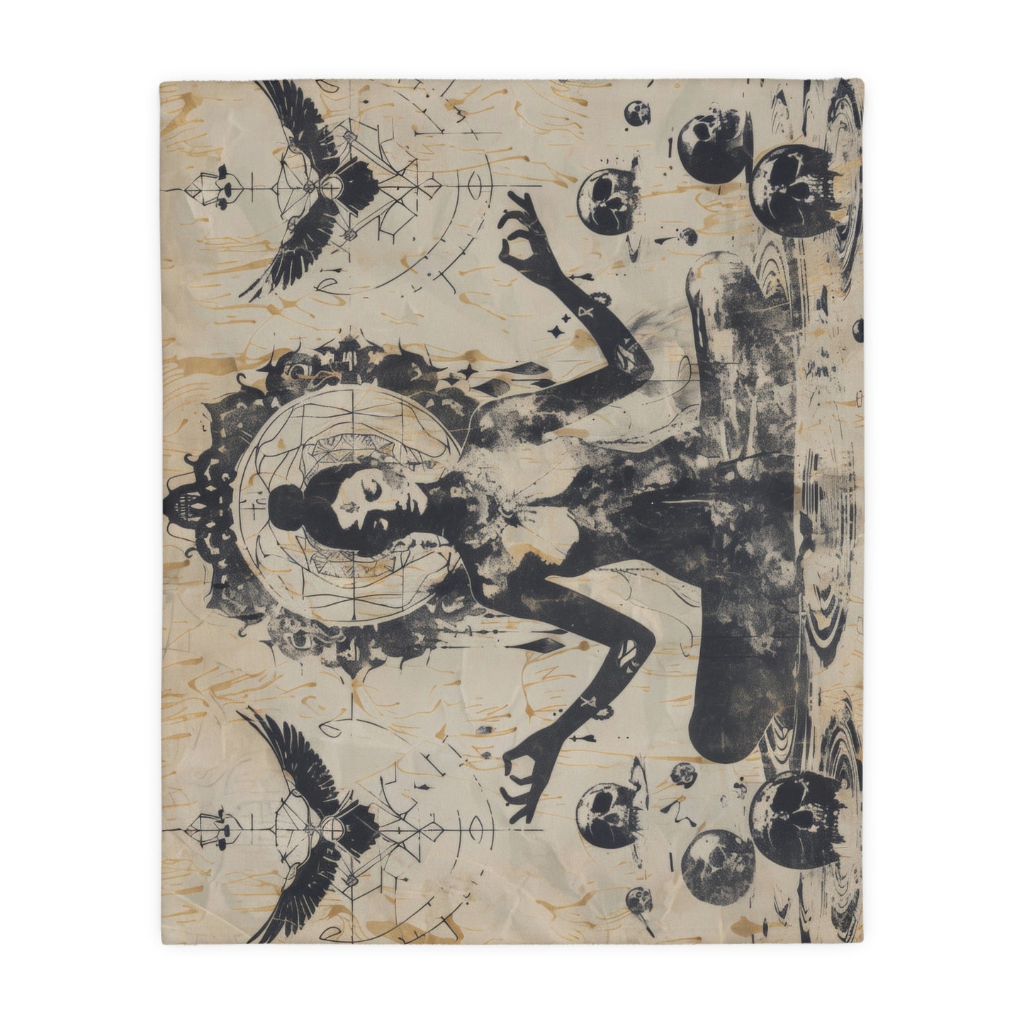 Death Goddess Two-Sided Throw Blanket, Mystical Occult Design, Sacred Geometry Aesthetic, Enchanting Bedroom and Living Room Decor