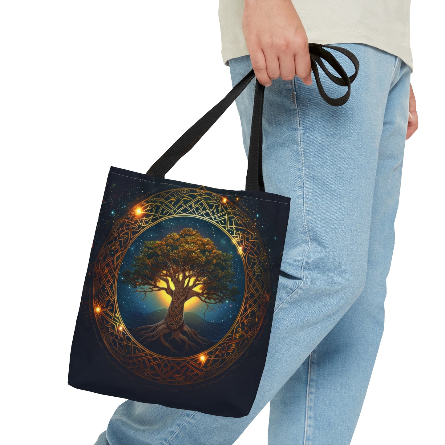 Celtic Tree of Life Mandala Double Sided Tote Bag, Ancient Occult Aesthetic, Folk Nature Fashion Style, 3 Sizes, Black Handles