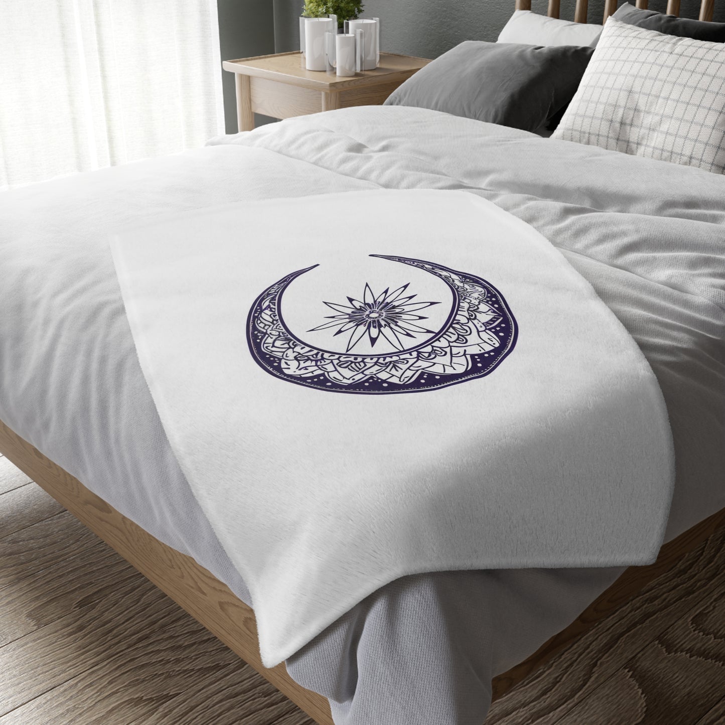 Mandala Crescent Moon 2-Sided Throw Blanket, Intricate Bohemian Design, Spiritual Zen Decor for Meditation Room, Bedroom, and Living Spaces