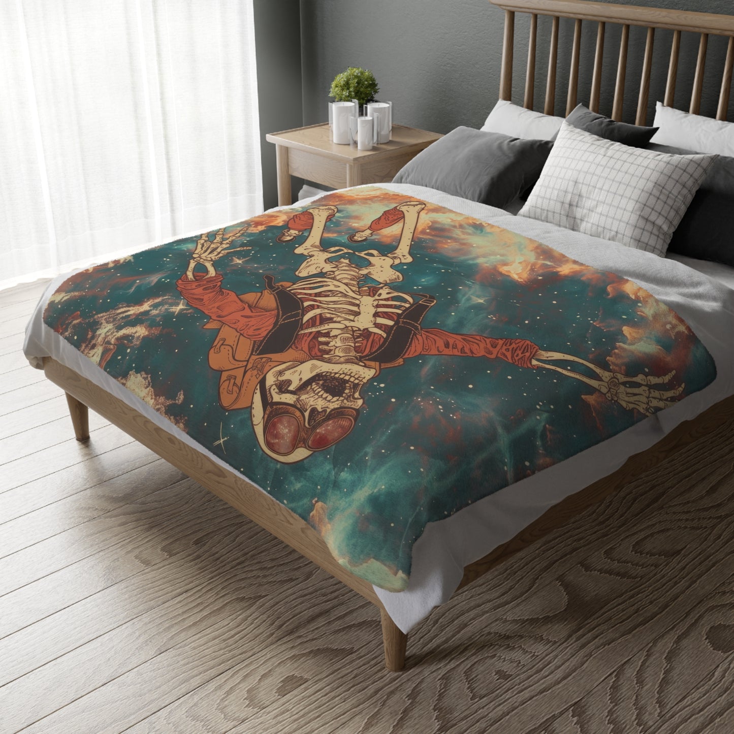 Sky Diving Skeleton Double Sided Throw Blanket (3 Sizes), Dark Cottagecore Design, Gothic Street Art Aesthetic Bedroom, Living, and Dorm Room Decor