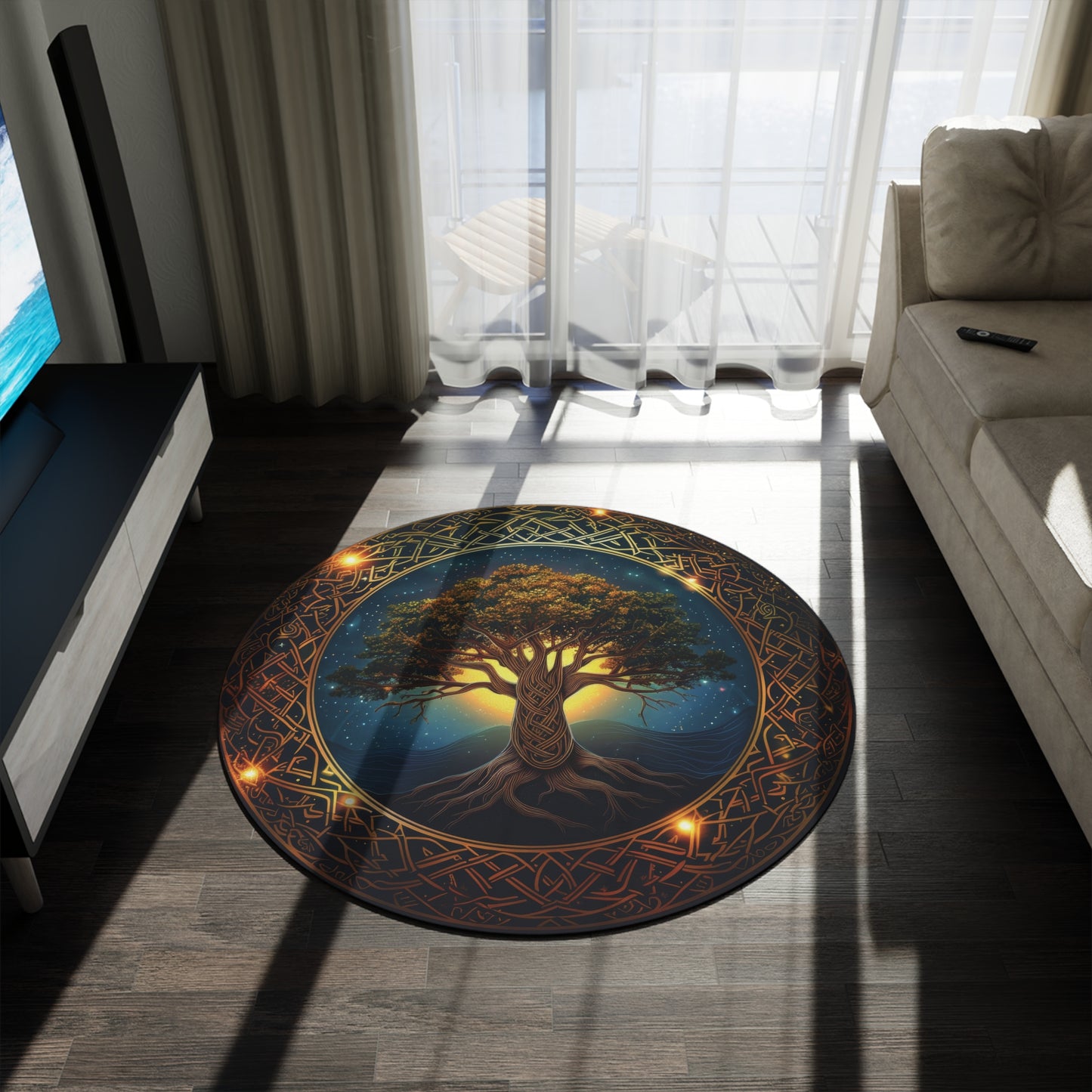 Celtic Tree of Life Mandala Round Chenille Area Rug, Ancient Occult Aesthetic, Folk Nature Style Living, Dorm & Bed Room Decor