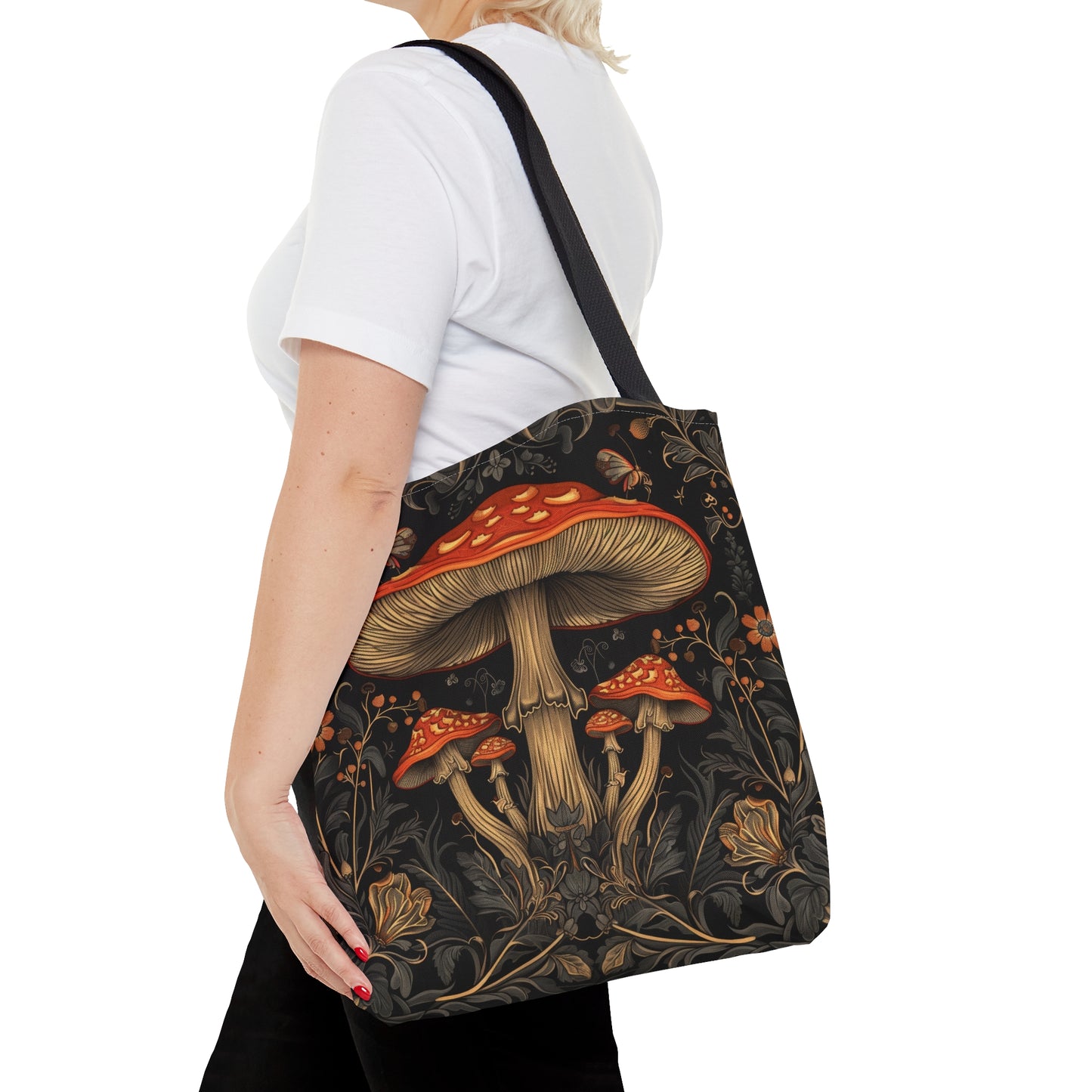 Enchanted Forest Mushroom & Wildflower Polyester Tote Bag (Double Sided) - Dark Cottagecore Charm, 3 Sizes, with Black Handles