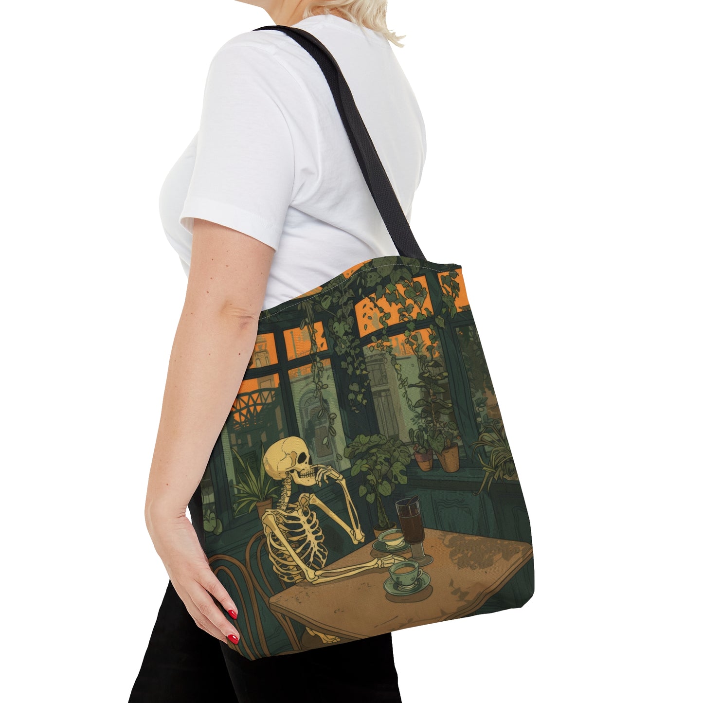 Skeleton Drinking Coffee in Paris Cafe Polyester Tote Bag (Double Sided), Cottagecore Design, Cozy Romantic Style Fashion, 3 Sizes, Black Handles