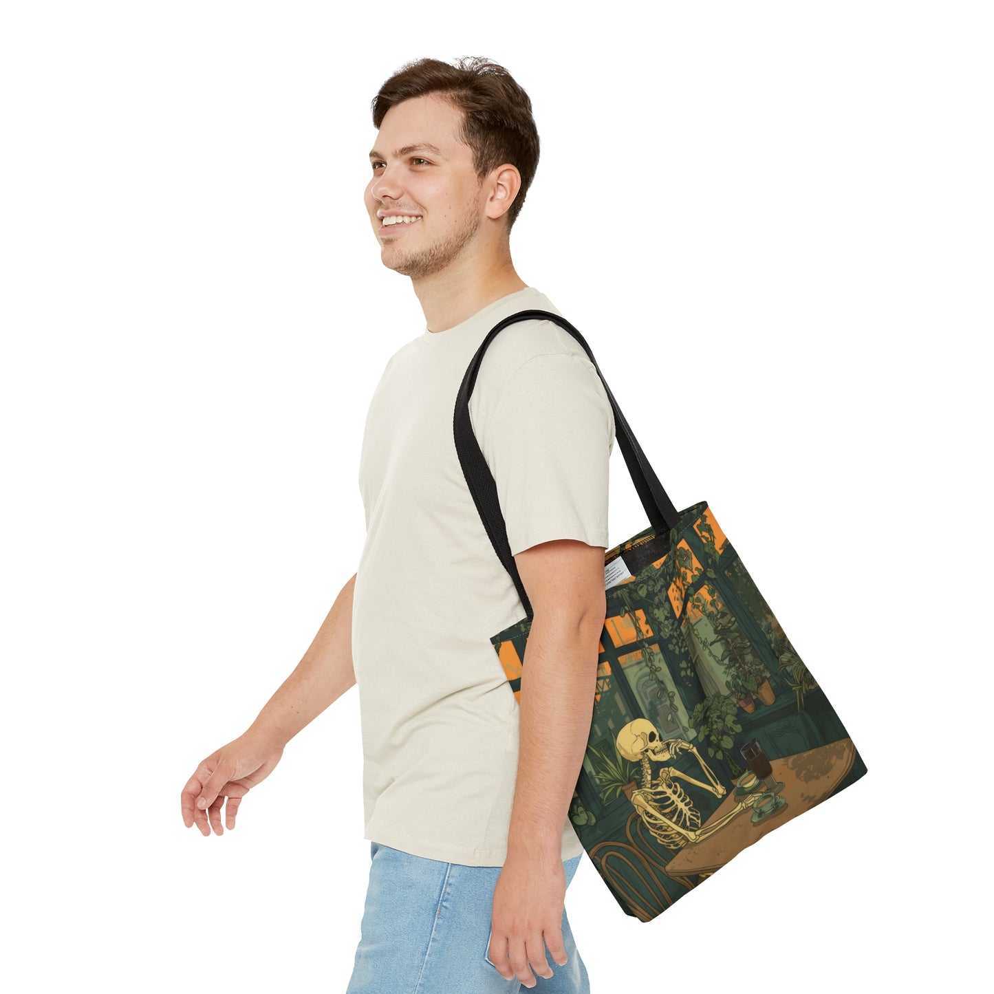 Skeleton Drinking Coffee in Paris Cafe Polyester Tote Bag (Double Sided), Cottagecore Design, Cozy Romantic Style Fashion, 3 Sizes, Black Handles
