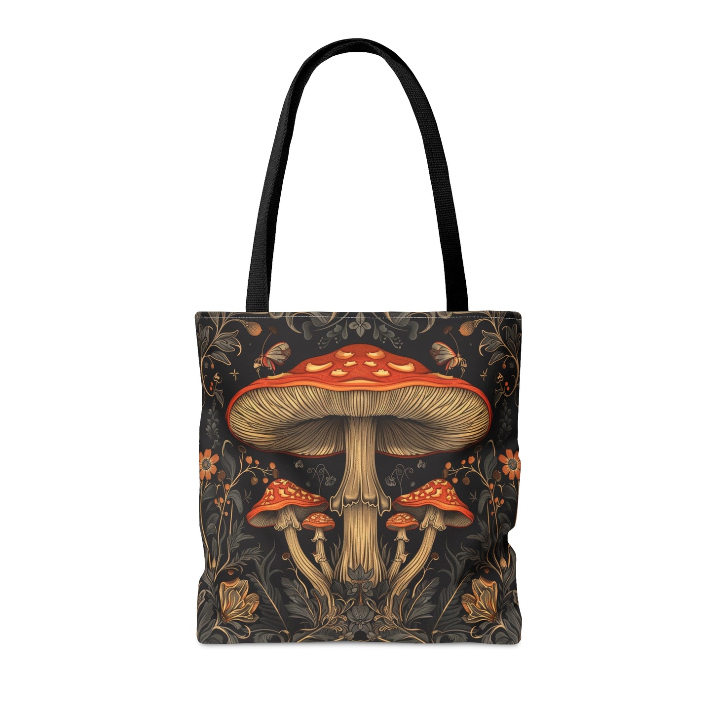 Enchanted Forest Mushroom & Wildflower Polyester Tote Bag (Double Sided) - Dark Cottagecore Charm, 3 Sizes, with Black Handles
