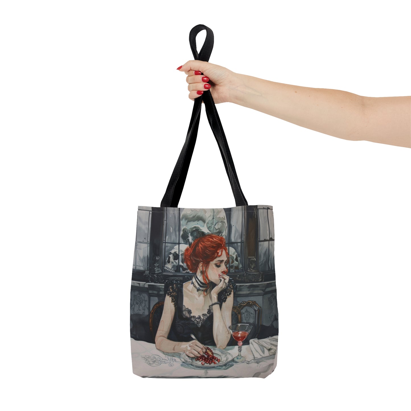 Persephone's Repose Artistic Dual-Sided Tote Bag, Pomegranate & Elegance, Essential Accessory for the Fashion-Conscious