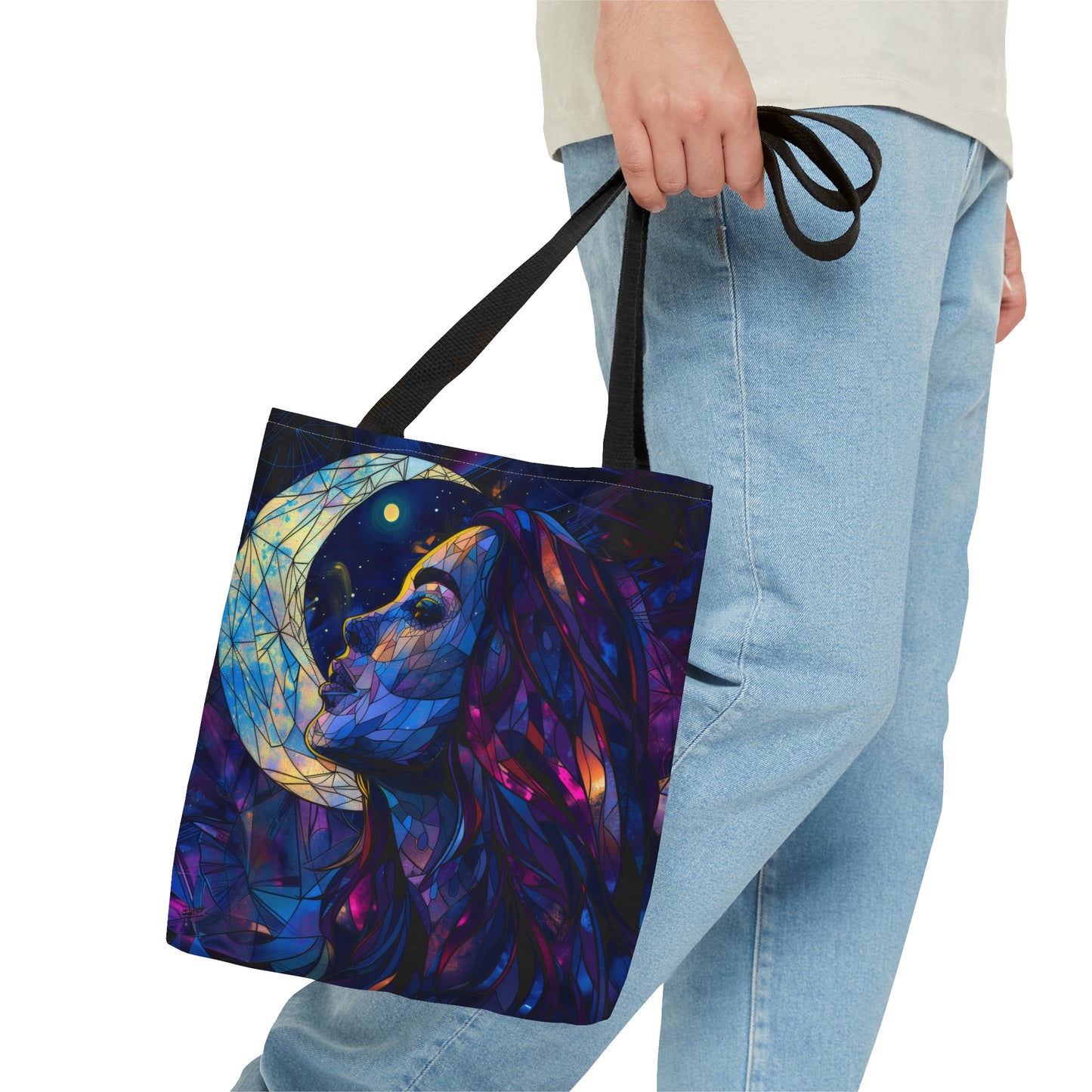 Celestial Lunar Goddess Stained Glass Tote Bag, Ethereal Night Sky Design, Artistic Carryall with Black Handles for Daily Use & Inspiration