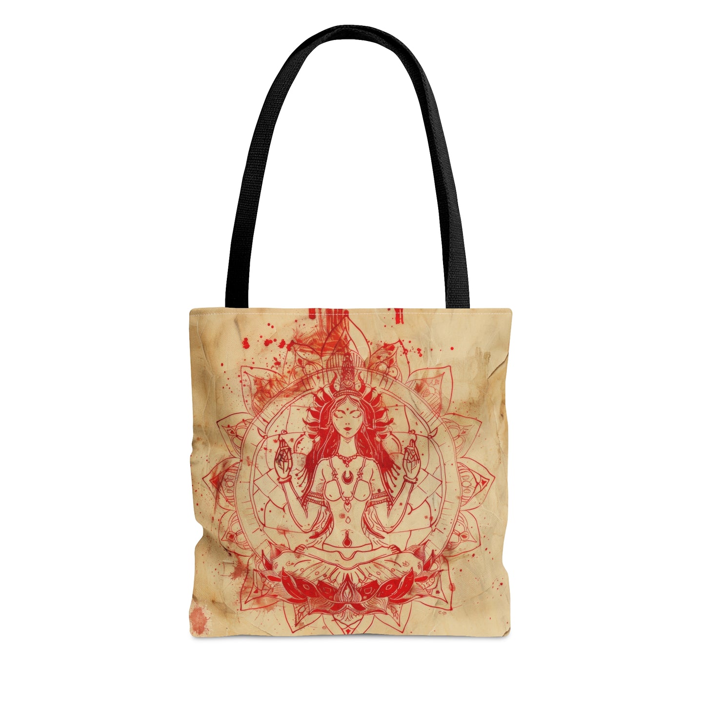 Fire Goddess Polyester Tote Bag (Double Sided), Zen Nature Aesthetic, Sacred Geometry Style Fashion, 3 Sizes, Black Handles