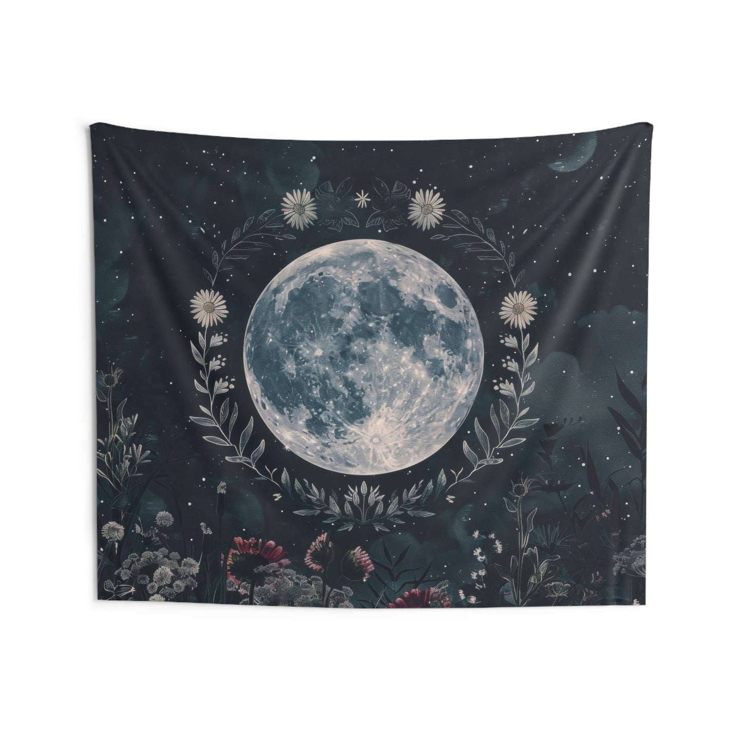 Full Moon & Wildflower Indoor Wall Tapestry, Dark Cottagecore Design, Lunar Lover Gift, Enchanting Decor