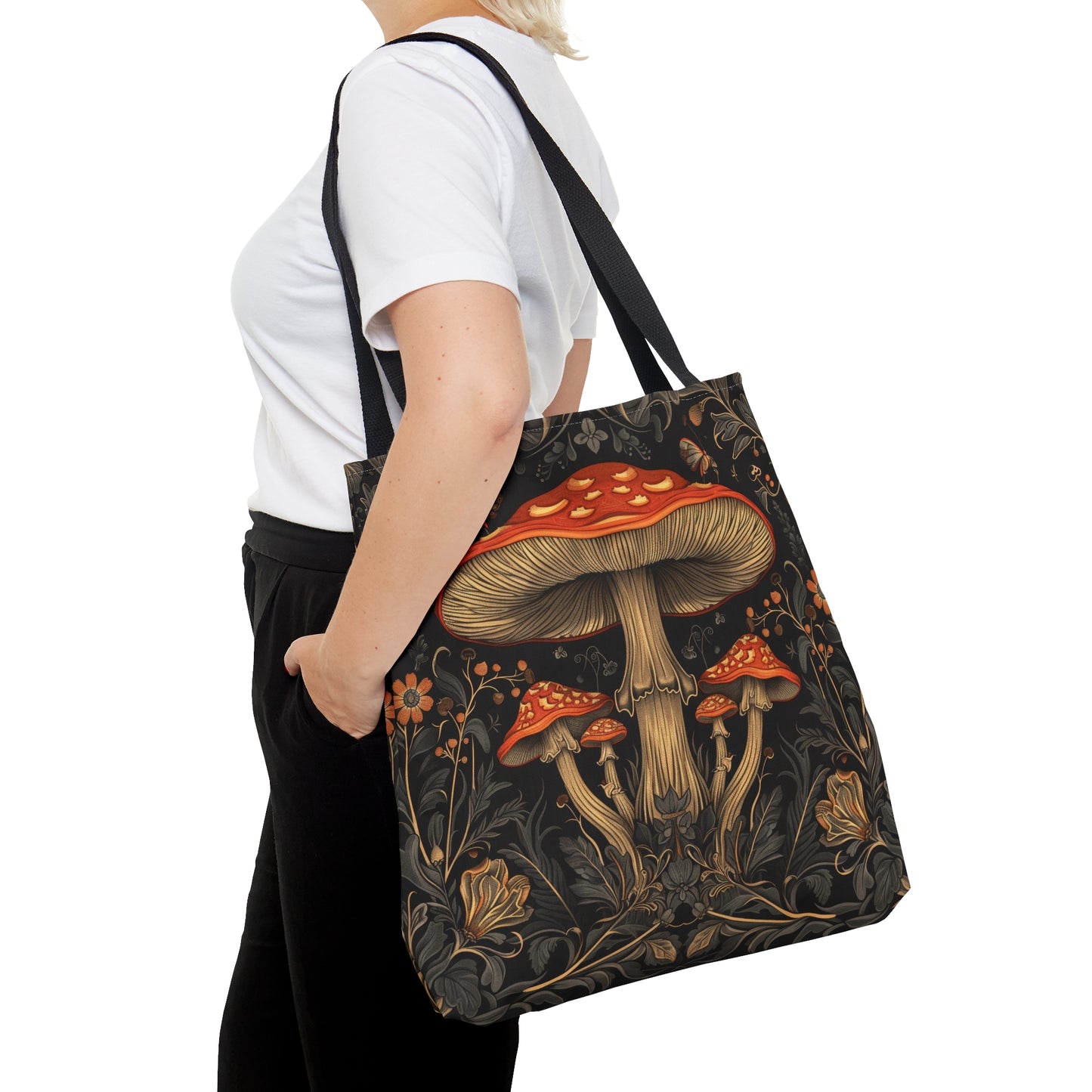 Enchanted Forest Mushroom & Wildflower Polyester Tote Bag (Double Sided) - Dark Cottagecore Charm, 3 Sizes, with Black Handles