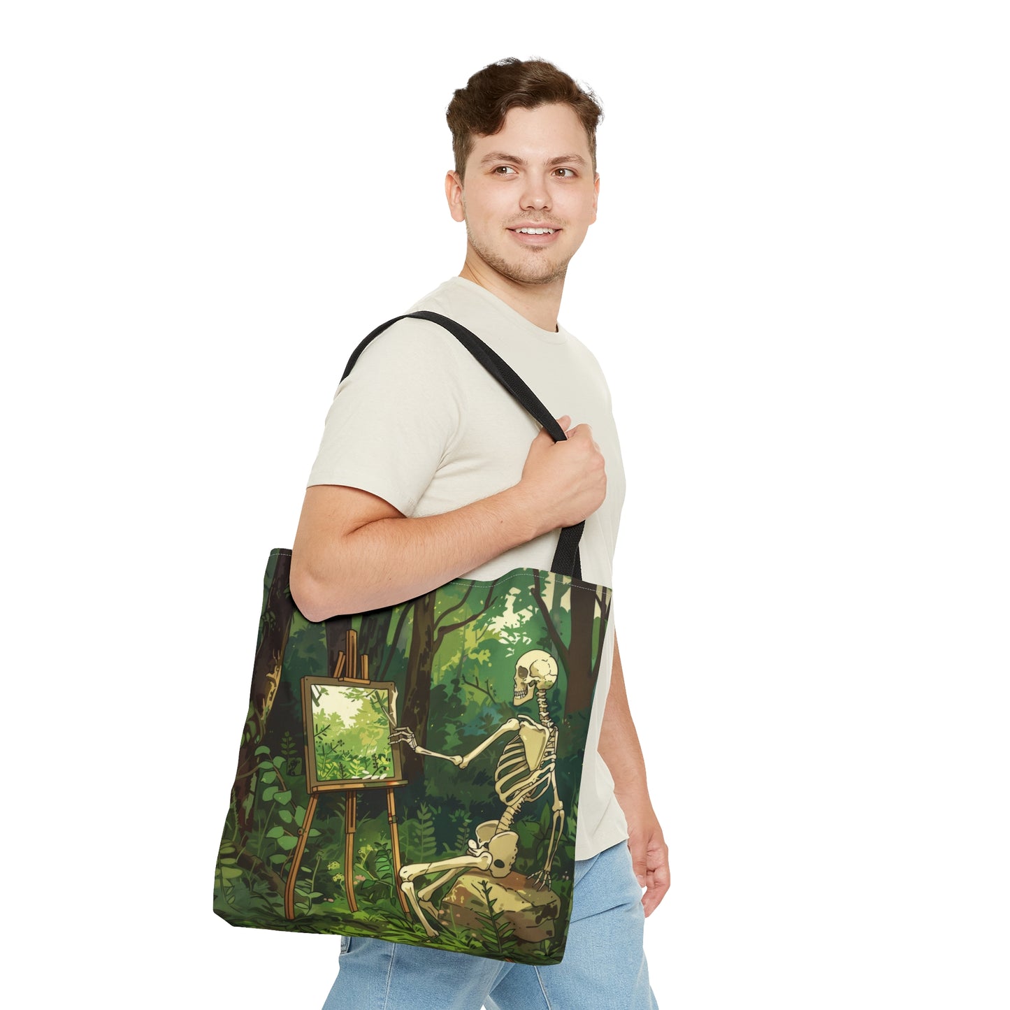 Skeleton Painting Landscape Polyester Tote Bag (Double Sided), Dark Cottagecore Design, Gothic Folk Style Fashion, 3 Sizes, Black Handles