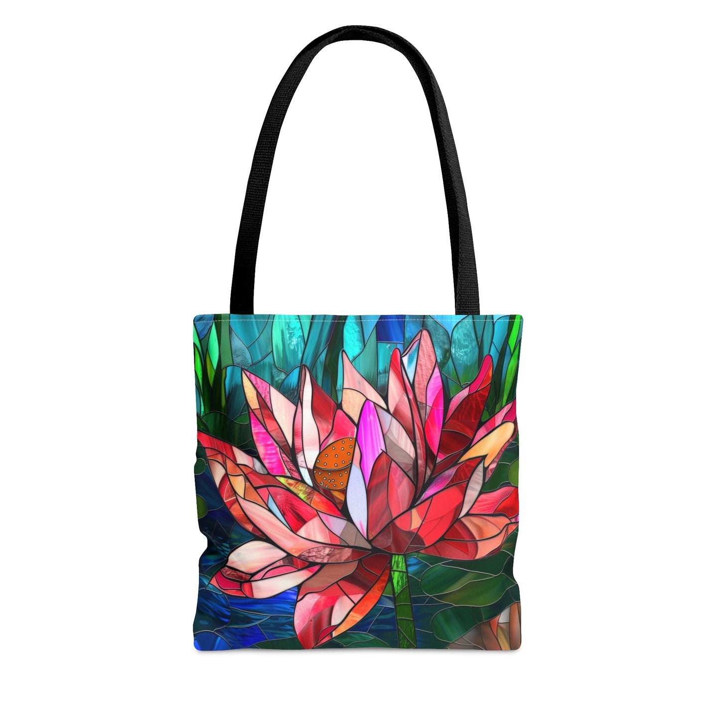 Stained Glass Lotus Elegance Tote Bag with Black Handles, Vibrant Floral Carryall, Chic Accessory for Stylish Outings & Market Visits