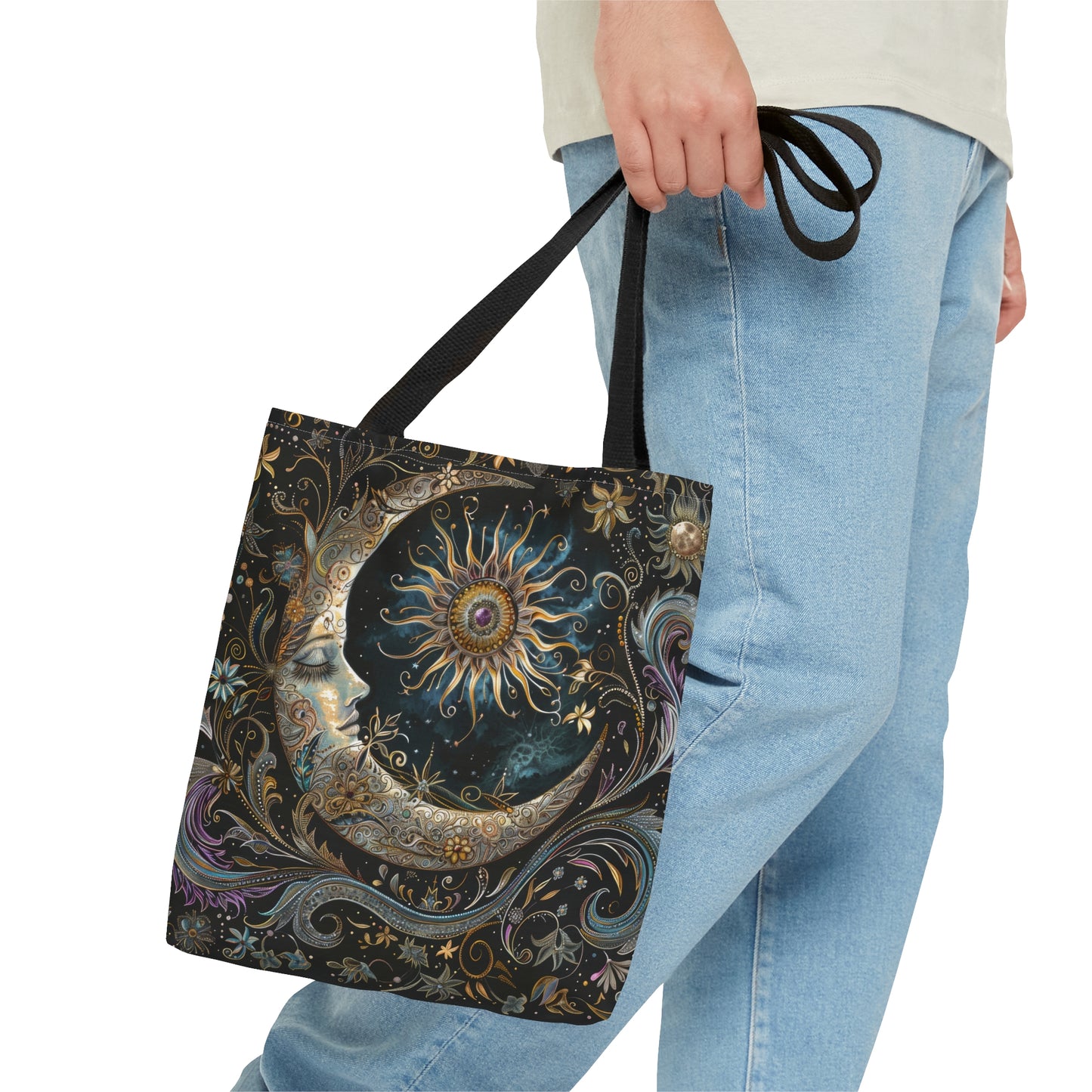 Crescent Moon & Sun Polyester Tote Bag (Double Sided), Art Nouveau and Mystical Folk Inspired, Available in 3 Sizes with Black Handles