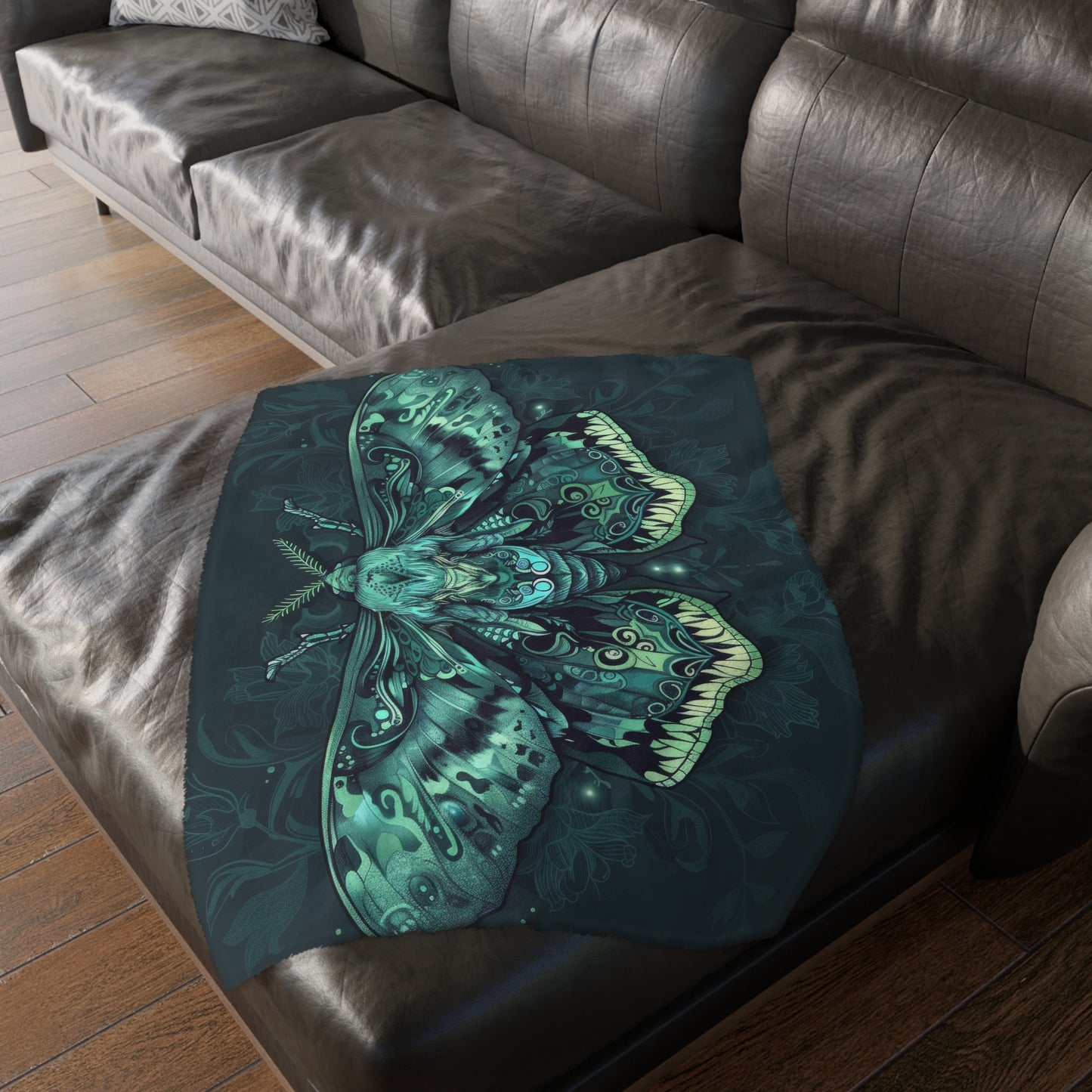 Lunar Moth Double Sided Throw Blanket, Vibrant Emerald Design, Neon Aesthetic, Mystical Magical Bedroom, Living, and Dorm Room Decor