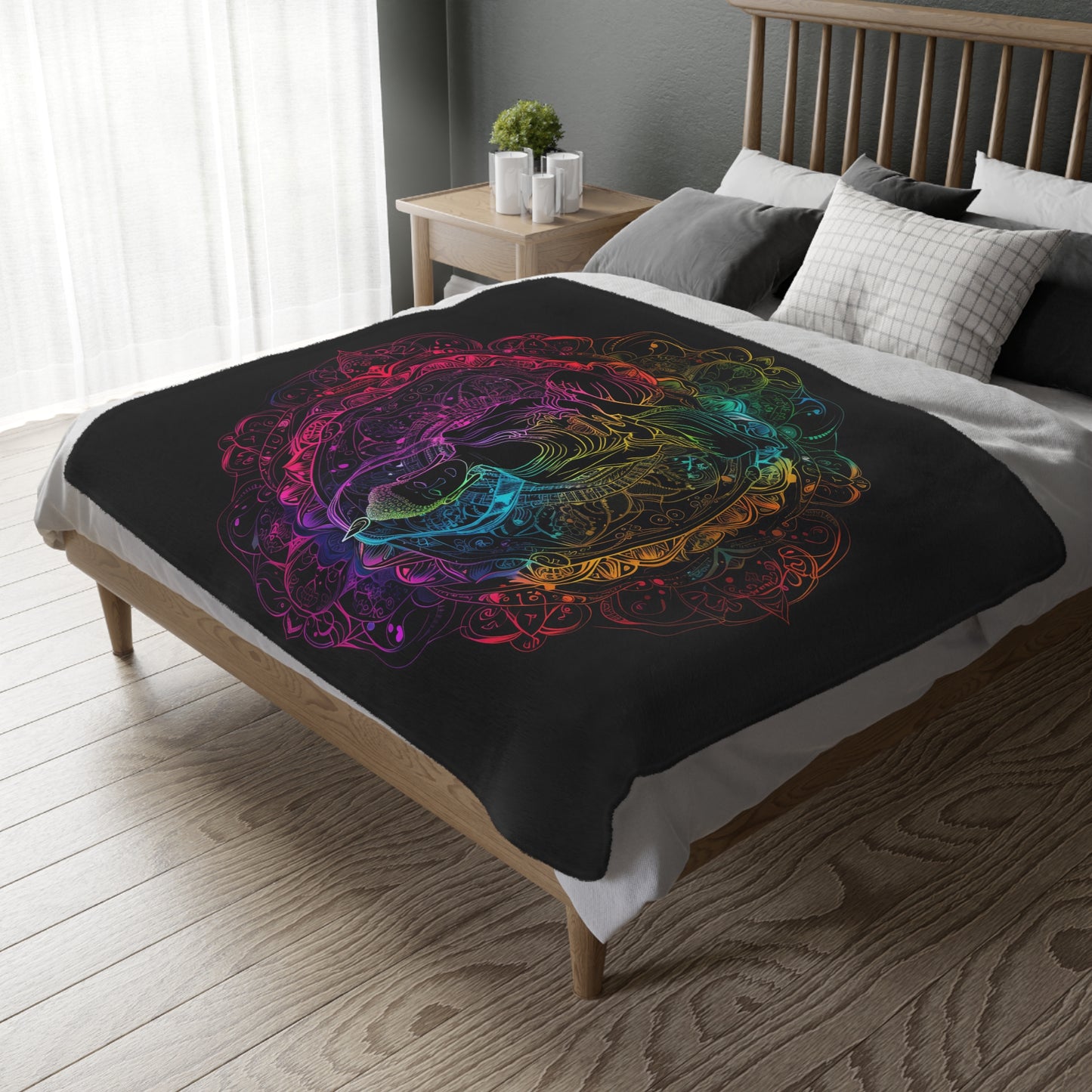 Buddha's Serene Mandala Double-Sided Throw Blanket, Neon Enlightenment Motif, Spiritual Radiance, Zen Circle Design, Vibrant Meditation Art