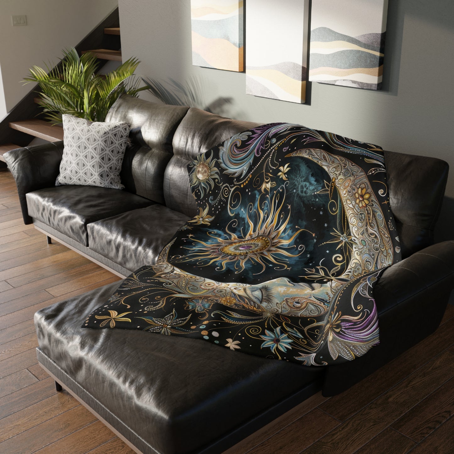 Crescent Moon & Sun Double Sided Throw Blanket, Folk Design, Art Nouveau Aesthetic, Mystical Magical Bedroom, Living, and Dorm Room Decor
