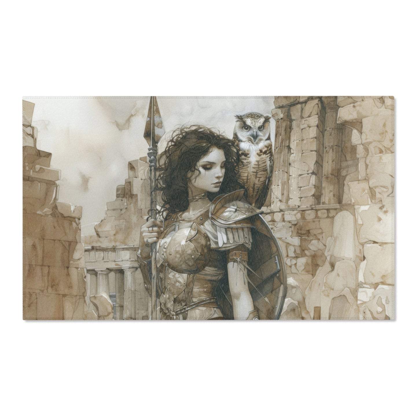 Athena's Wisdom Chenille Area Rug, Greek Warrior Goddess Weave, Owl Guarded Valor, Inspirational Floor Art Decor