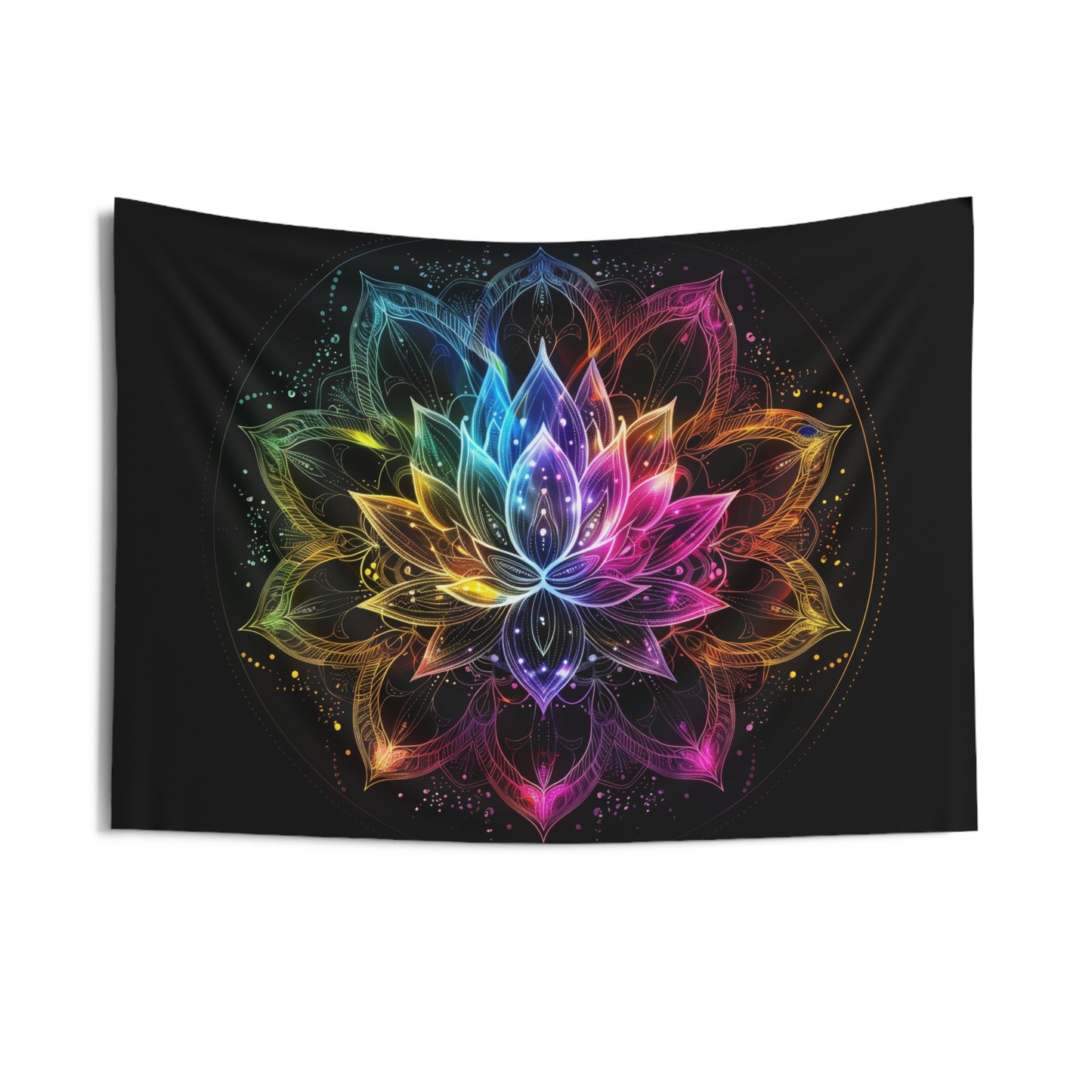 Luminous Lotus Indoor Wall Tapestry, Vibrant Energy Motif, Radiant Floral Mandala, Cosmic Bloom Design, Ethereal Color Spectrum Wall Art