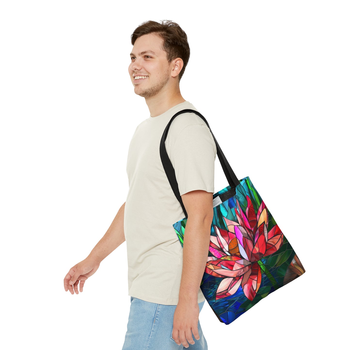 Stained Glass Lotus Elegance Tote Bag with Black Handles, Vibrant Floral Carryall, Chic Accessory for Stylish Outings & Market Visits
