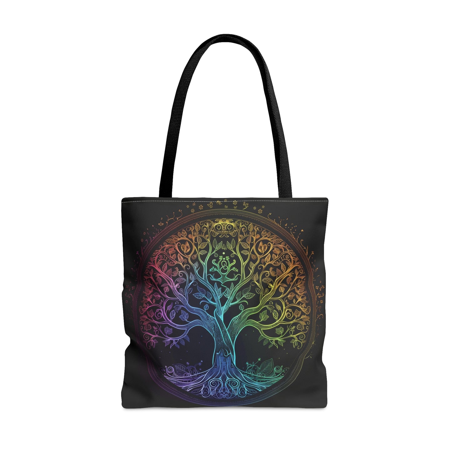 Mystic Arbor Double-Sided Tote Bag, Enchanted Tree of Life Motif, Magical Spectrum Design, Folklore Forest Decor, Radiant Nature Accessory