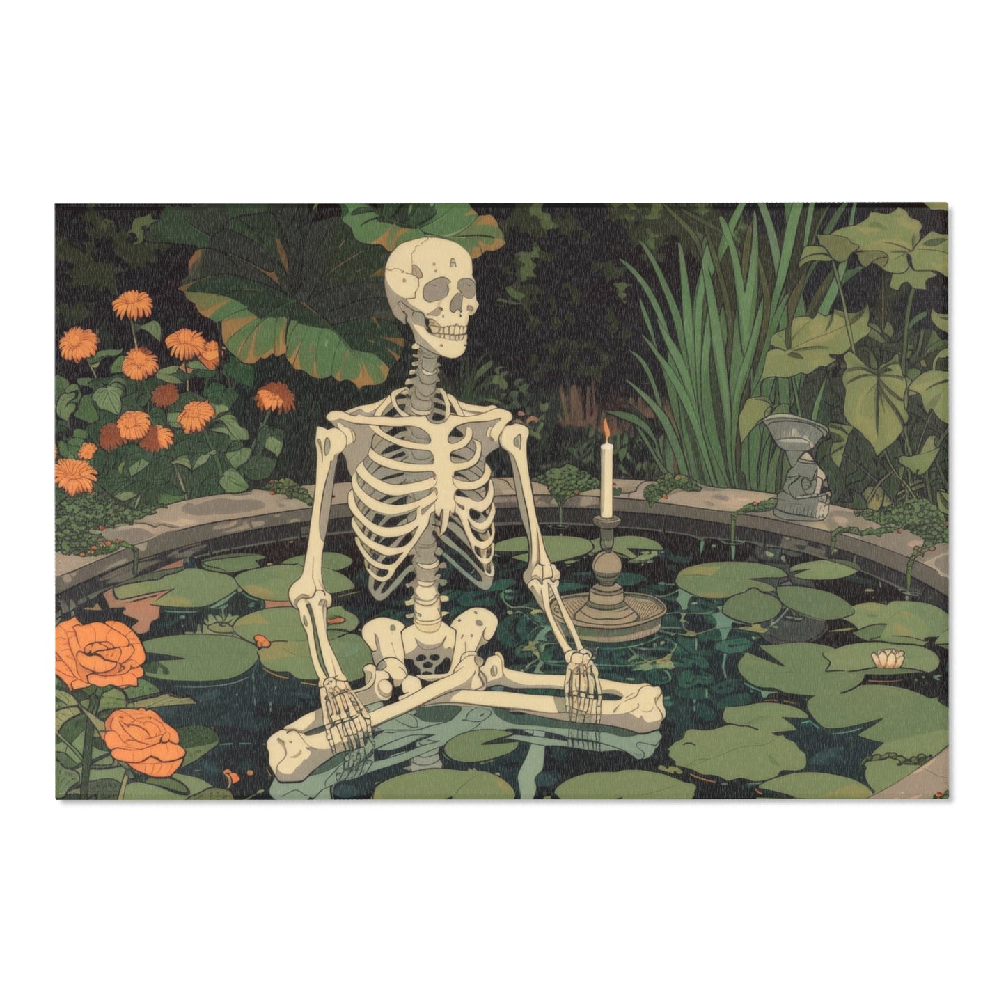 Skeleton Meditating in Zen Garden Chenille Area Rug (3 Sizes), Cottagecore Design, Gothic Folk Aesthetic Bedroom, Living, and Dorm Room Decor