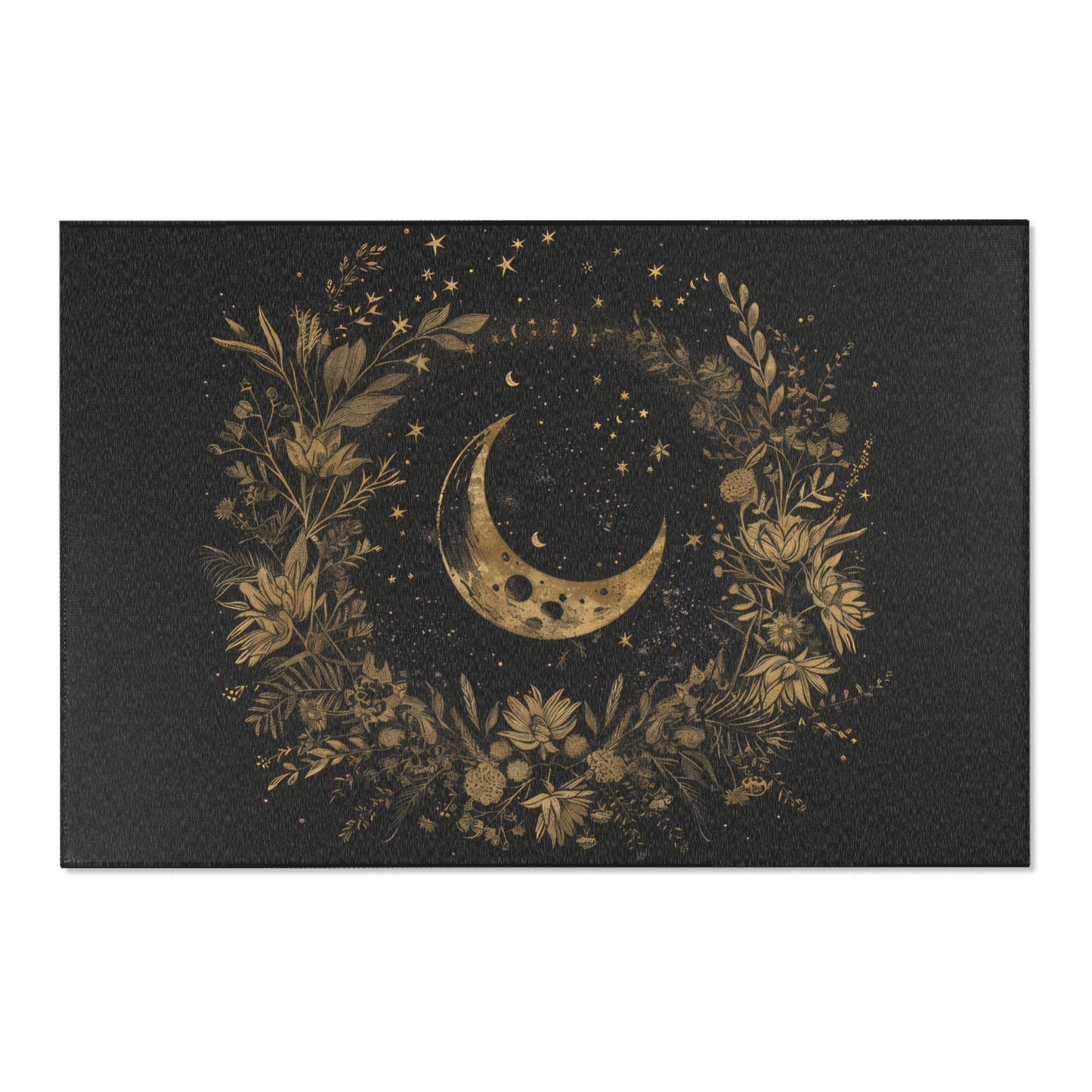 Gold Crescent Moon & Wildflower Mandala Polyester Chenille Area Rug (3 Sizes), Dark Cottagecore Design, Witchy Lunar Aesthetic Room Decor