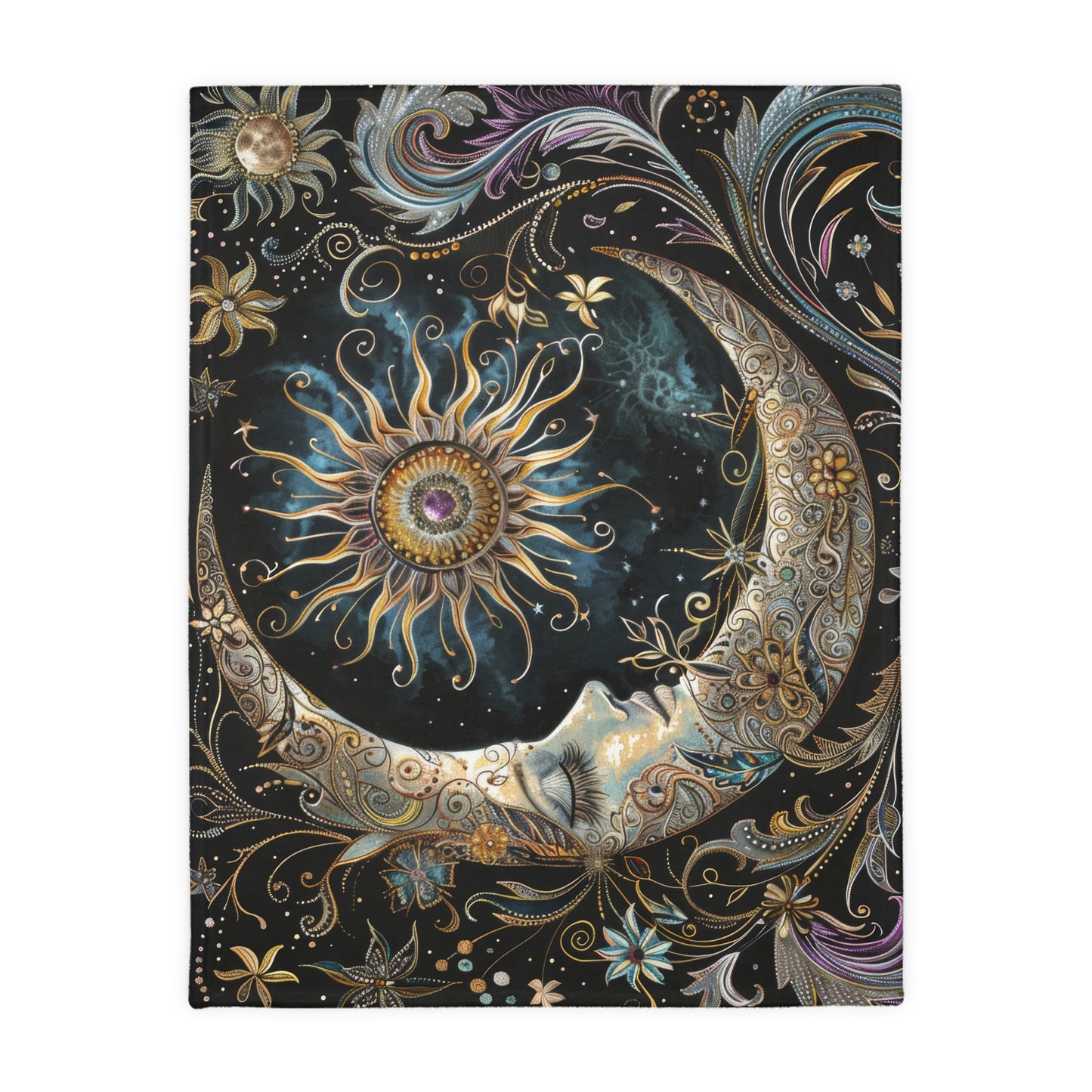Crescent Moon & Sun Double Sided Throw Blanket, Folk Design, Art Nouveau Aesthetic, Mystical Magical Bedroom, Living, and Dorm Room Decor
