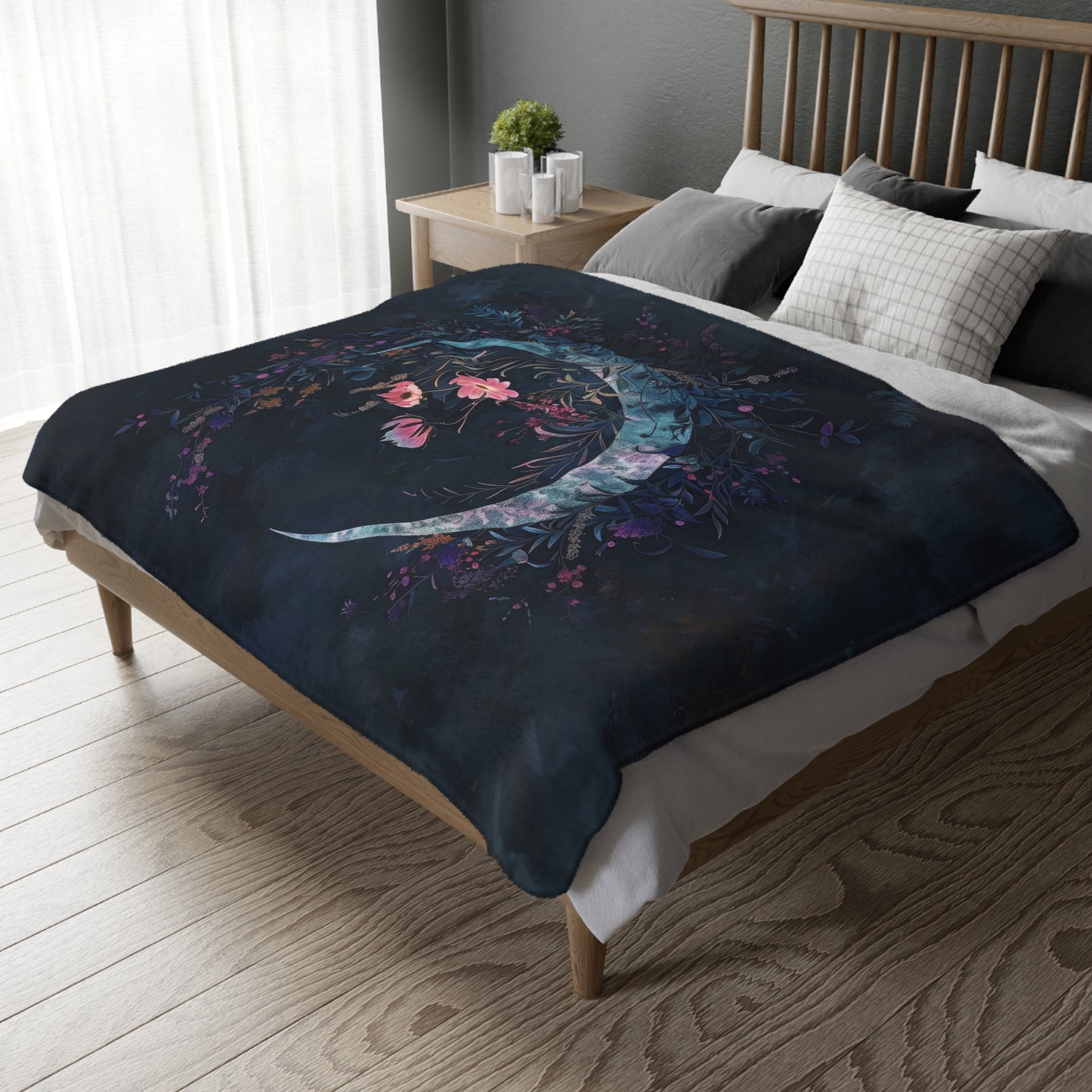 Crescent Moon & Wildflowers 2-Sided Throw Blanket, Witchy Occult Design, Moon Lover Gift, Enchanting Aesthetic Bedroom and Living Room Decor