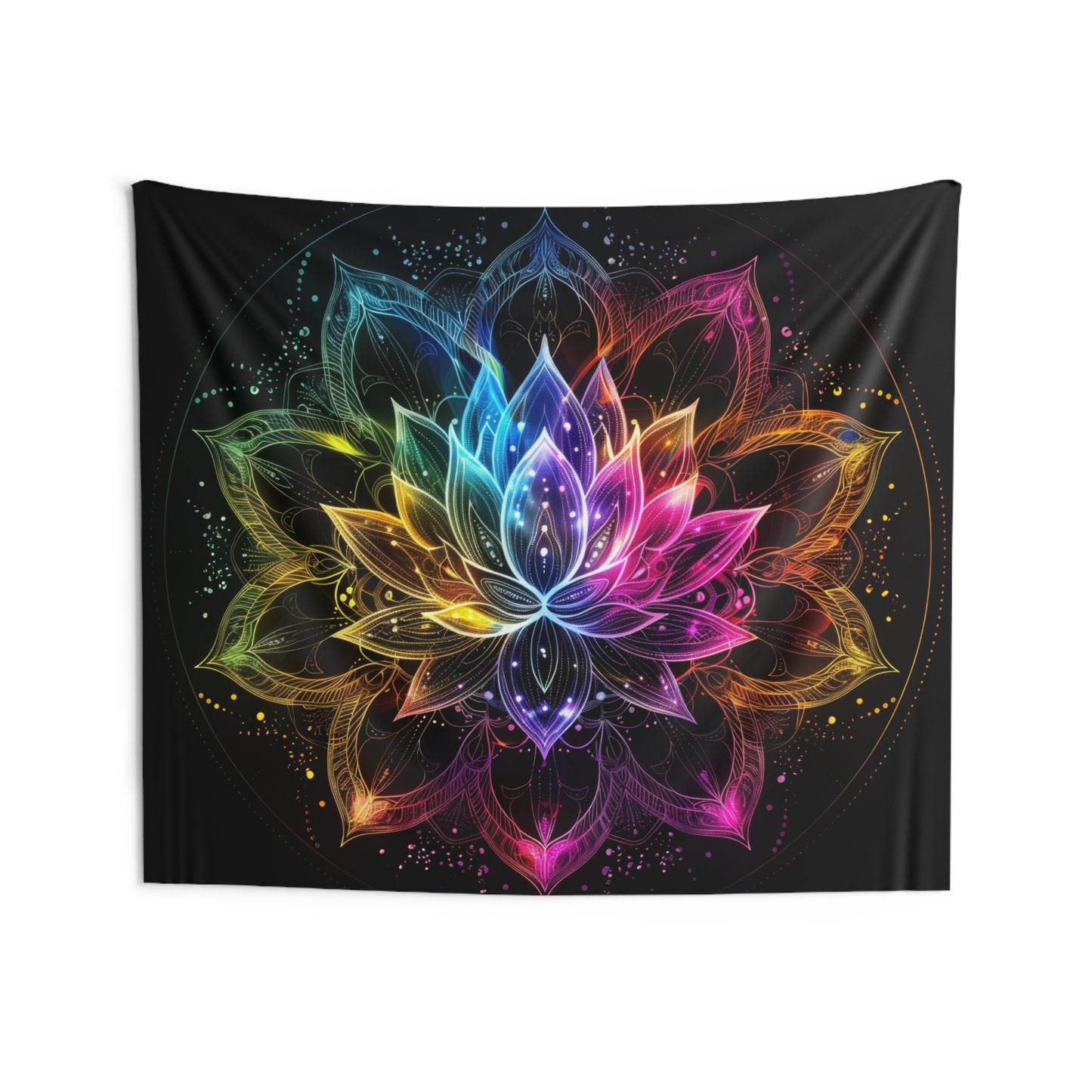 Luminous Lotus Indoor Wall Tapestry, Vibrant Energy Motif, Radiant Floral Mandala, Cosmic Bloom Design, Ethereal Color Spectrum Wall Art
