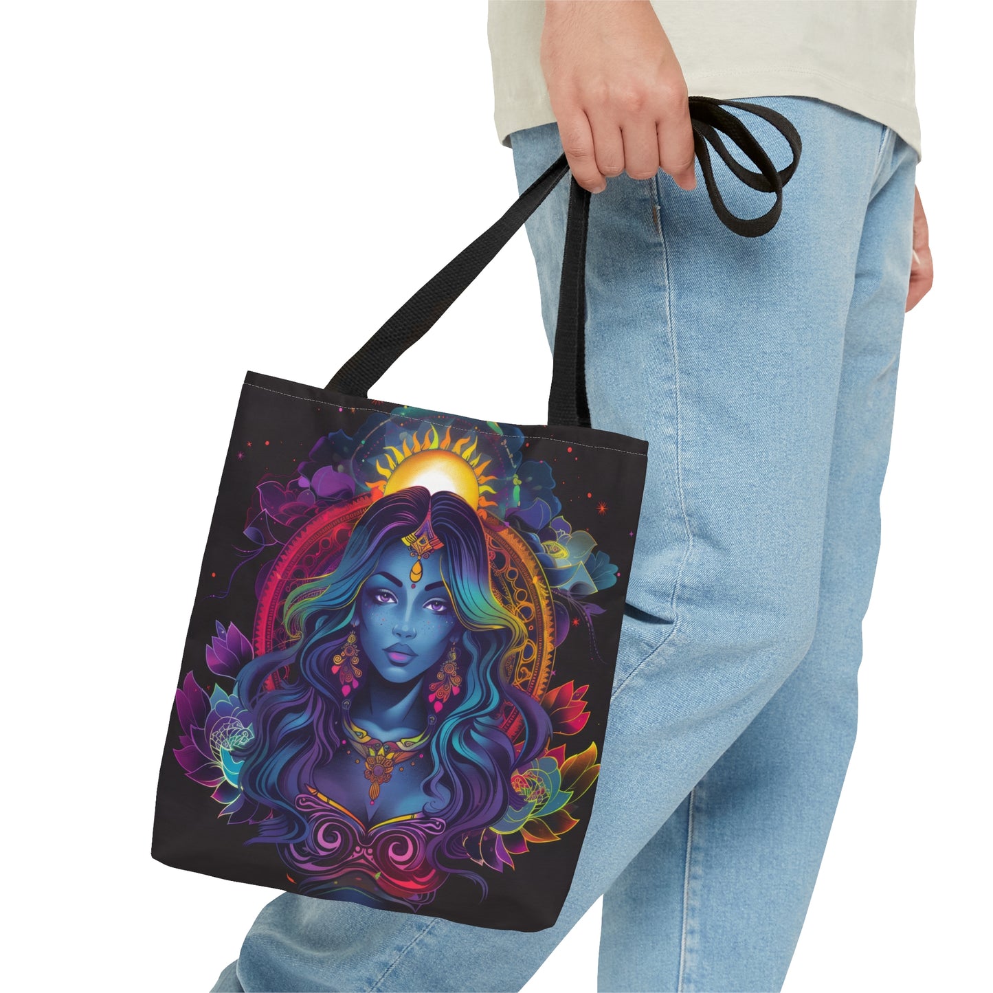 Cosmic Goddess Polyester Tote Bag (Double Sided), Electric Mandala Aesthetic, Galactic Neon Style Fashion, 3 Sizes, Black Handles