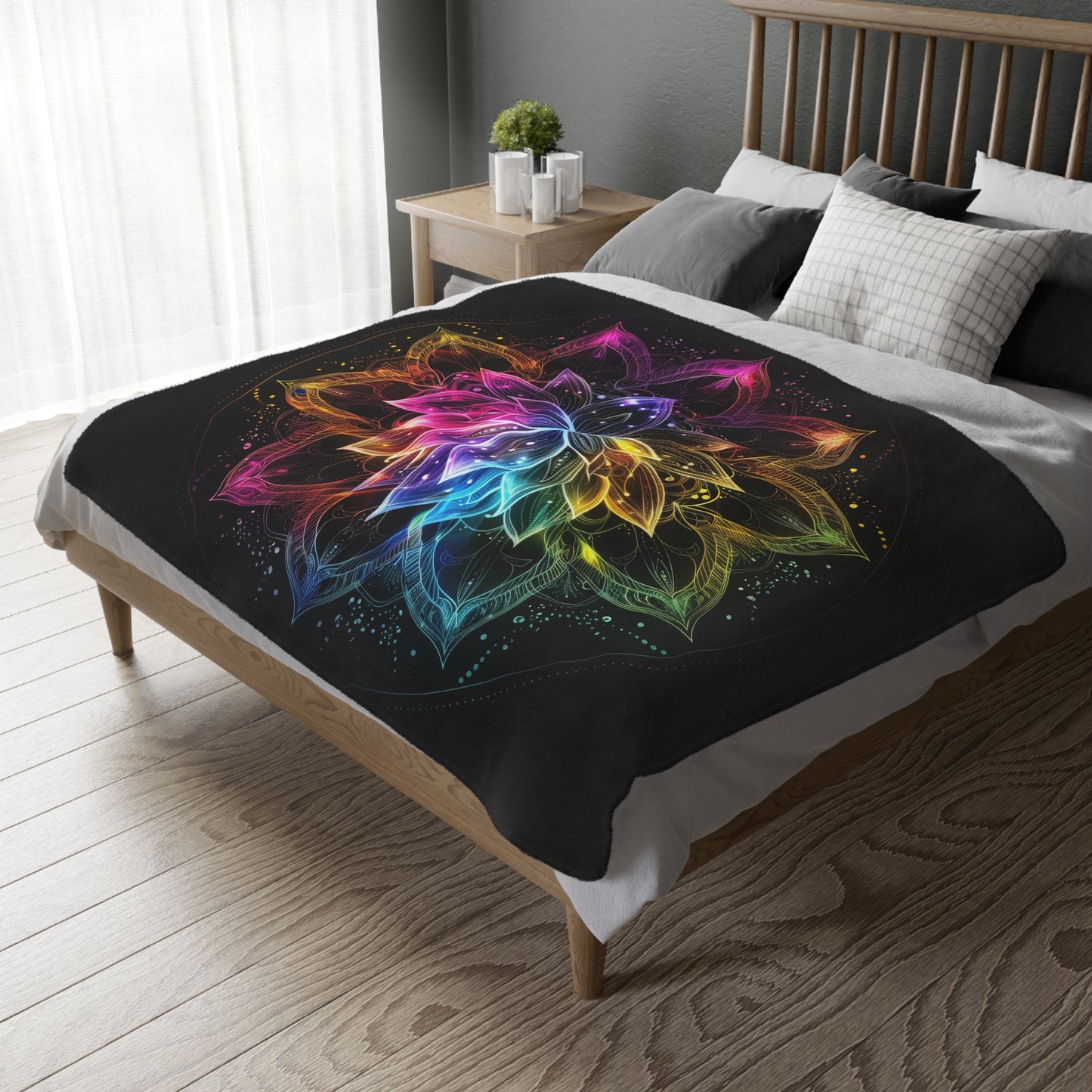 Luminous Lotus Double-Sided Throw Blanket, Vibrant Energy Motif, Radiant Floral Mandala, Cosmic Bloom Design, Ethereal Color Spectrum Art