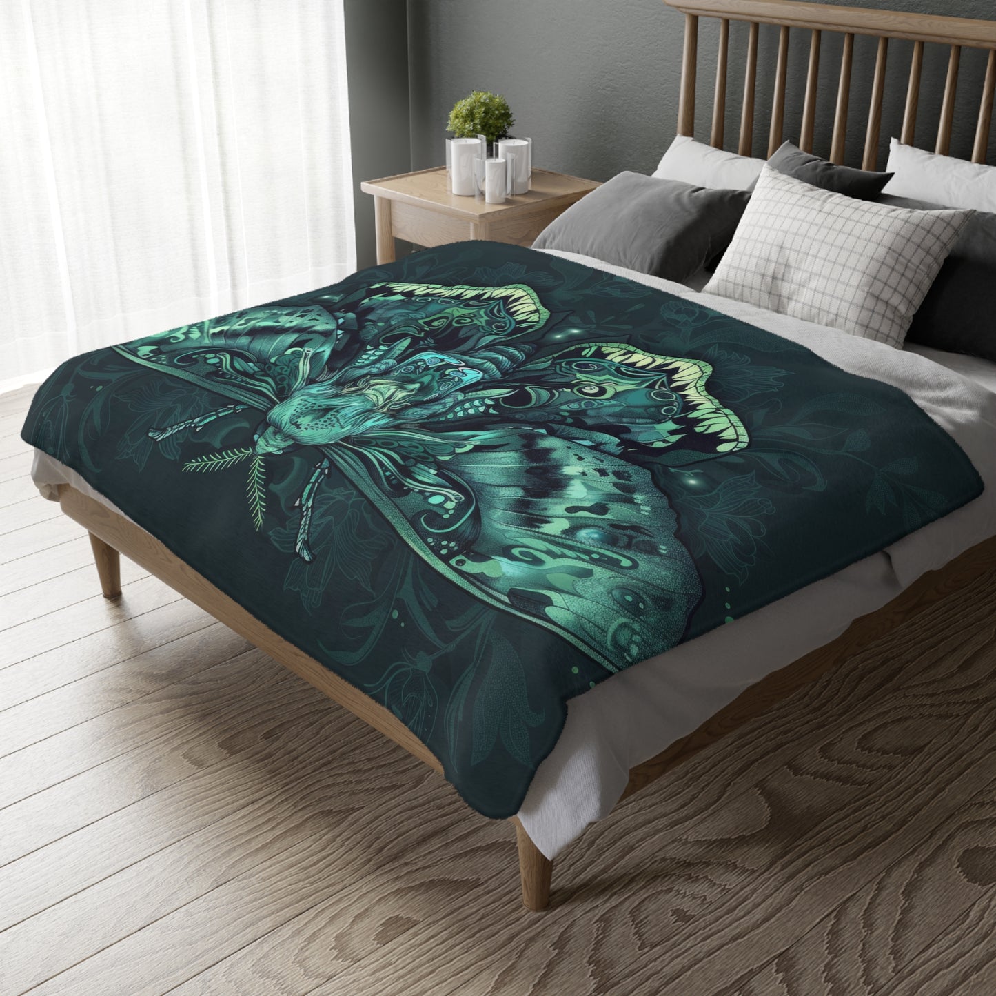 Lunar Moth Double Sided Throw Blanket, Vibrant Emerald Design, Neon Aesthetic, Mystical Magical Bedroom, Living, and Dorm Room Decor