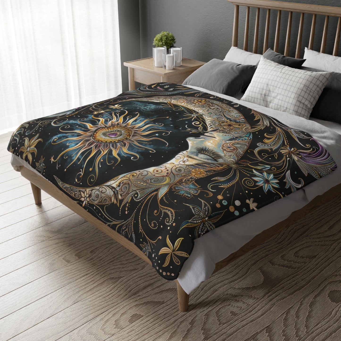 Crescent Moon & Sun Double Sided Throw Blanket, Folk Design, Art Nouveau Aesthetic, Mystical Magical Bedroom, Living, and Dorm Room Decor