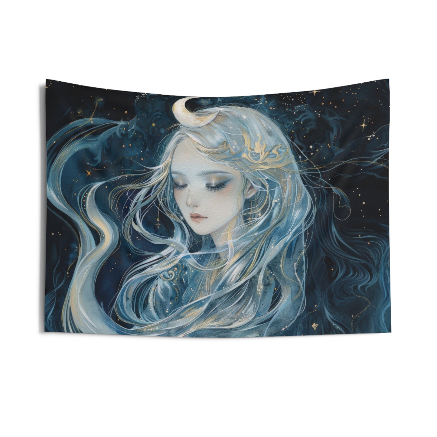 Selene's Moonlit Reverie Wall Tapestry, Goddess of the Moon Portrait, Celestial Night Elegance, Enigmatic Cosmic Decor Piece