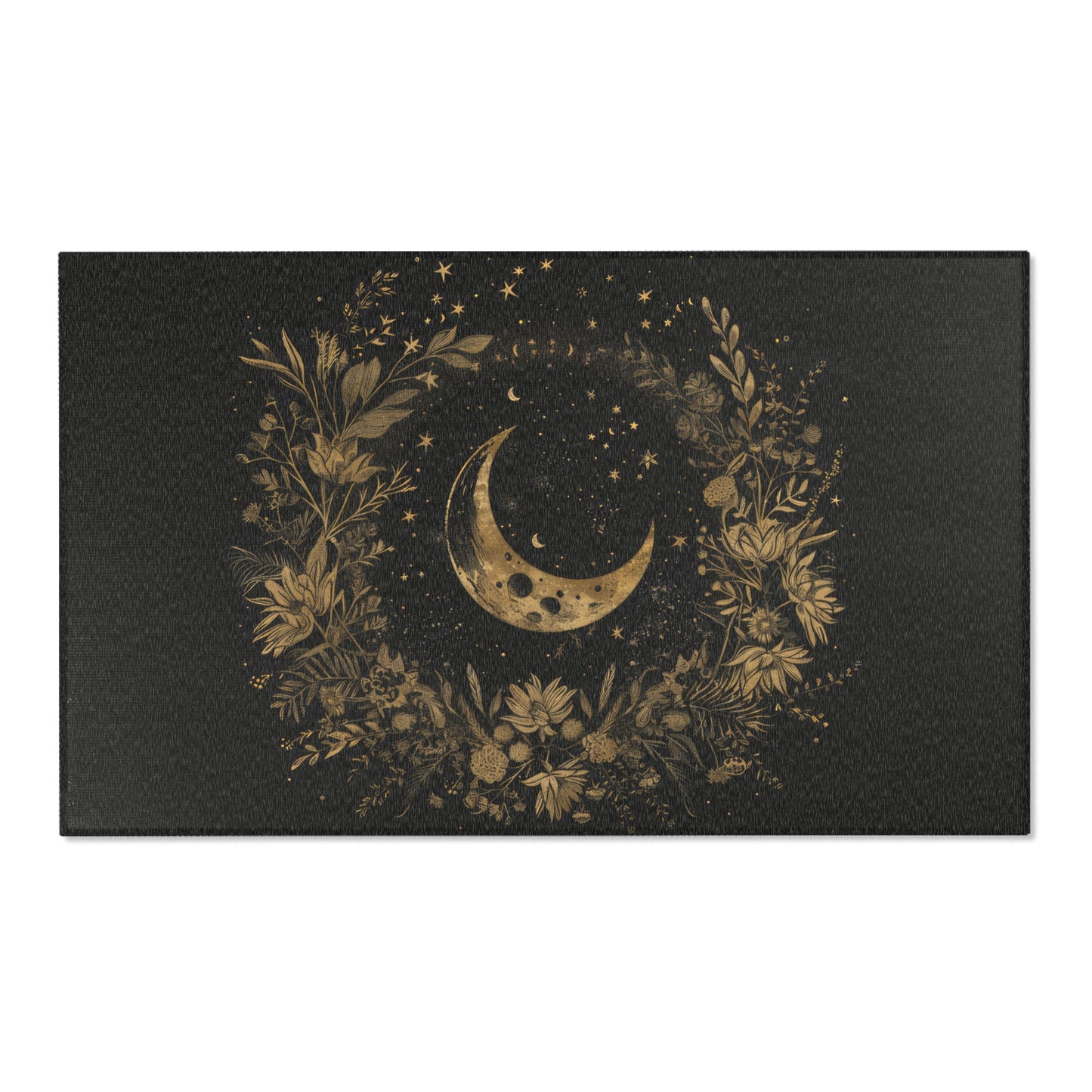 Gold Crescent Moon & Wildflower Mandala Polyester Chenille Area Rug (3 Sizes), Dark Cottagecore Design, Witchy Lunar Aesthetic Room Decor